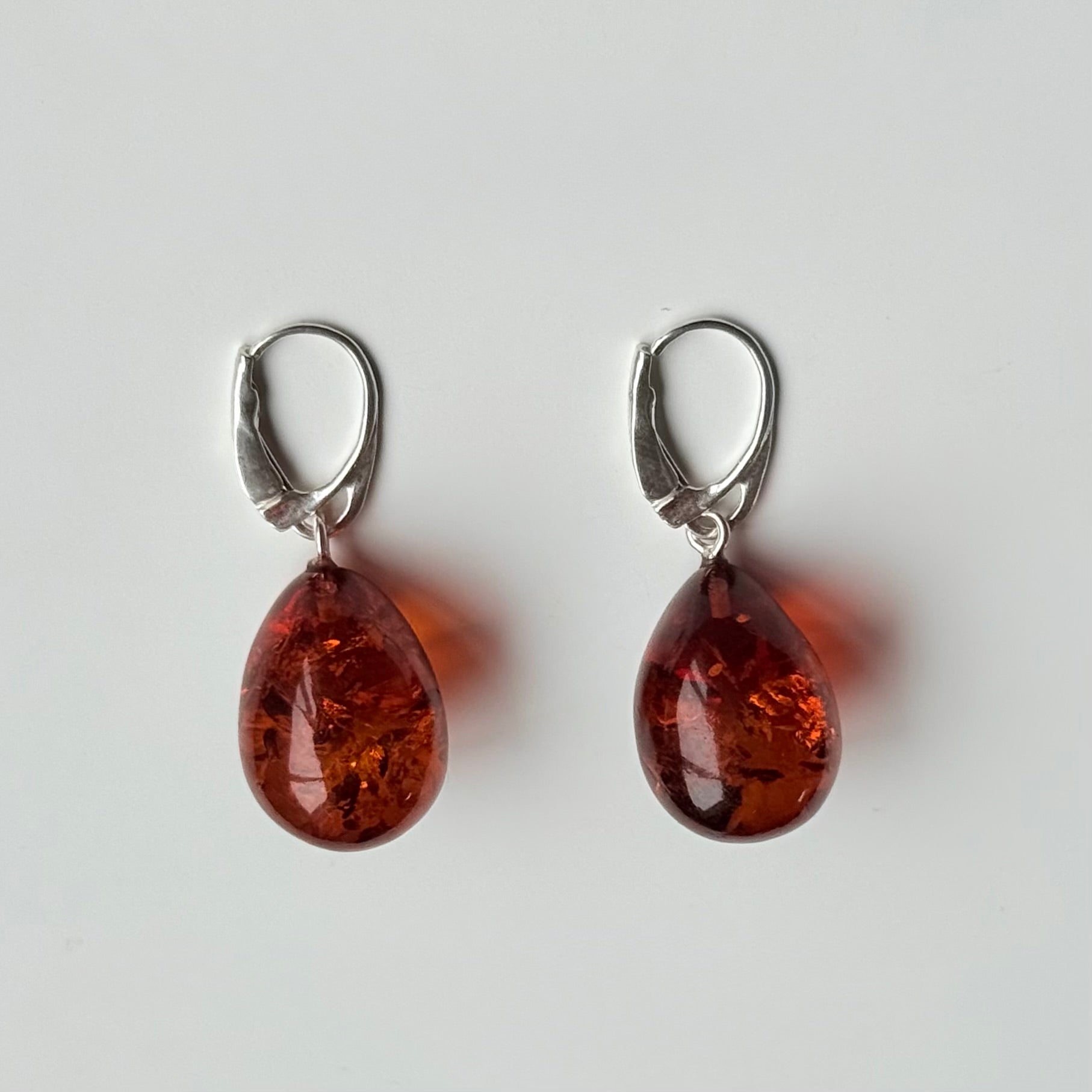 Deep Honey Coloured Baltic Amber Teardrop Shaped Earrings on Leverback Hooks