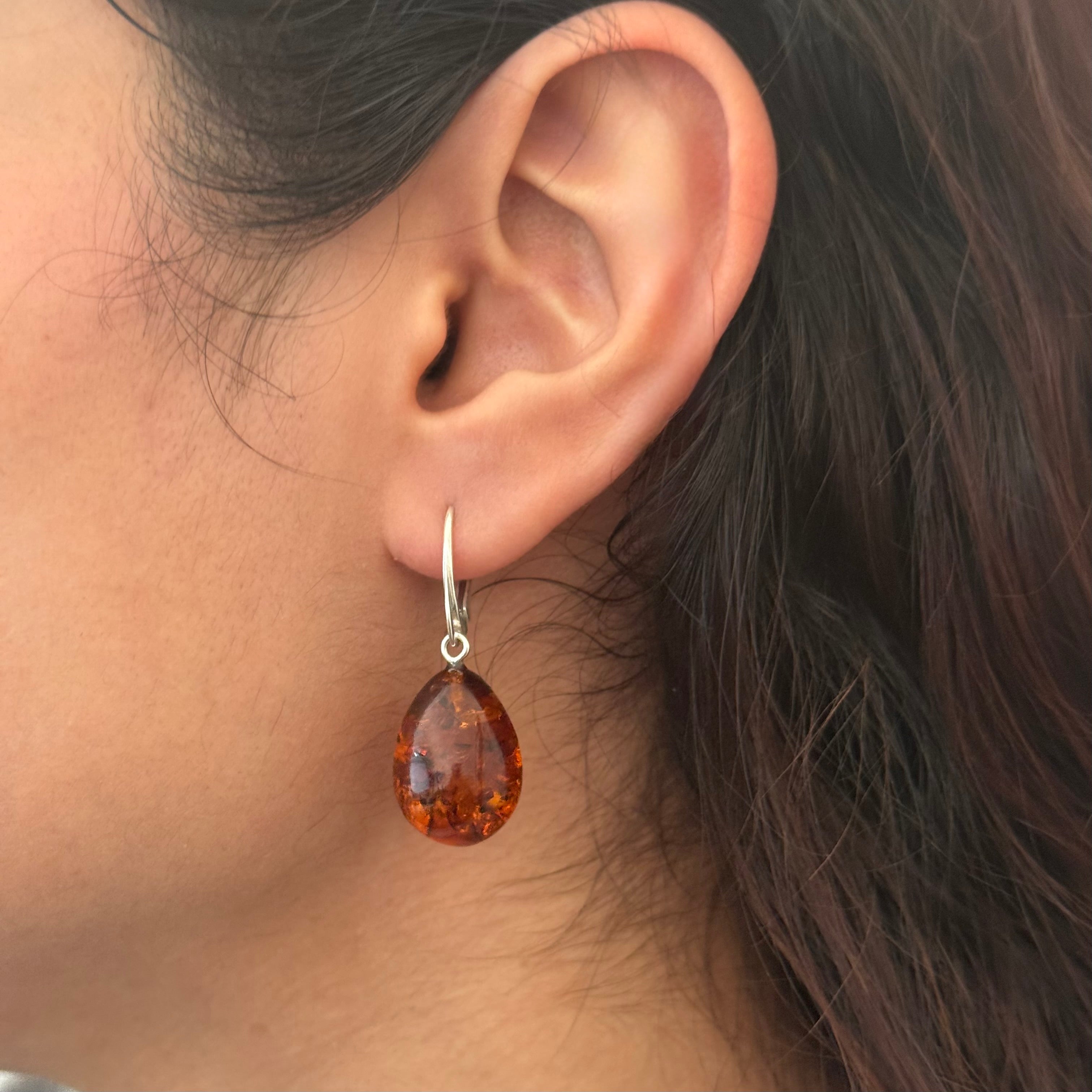 Deep Honey Coloured Baltic Amber Teardrop Shaped Earrings on Leverback Hooks