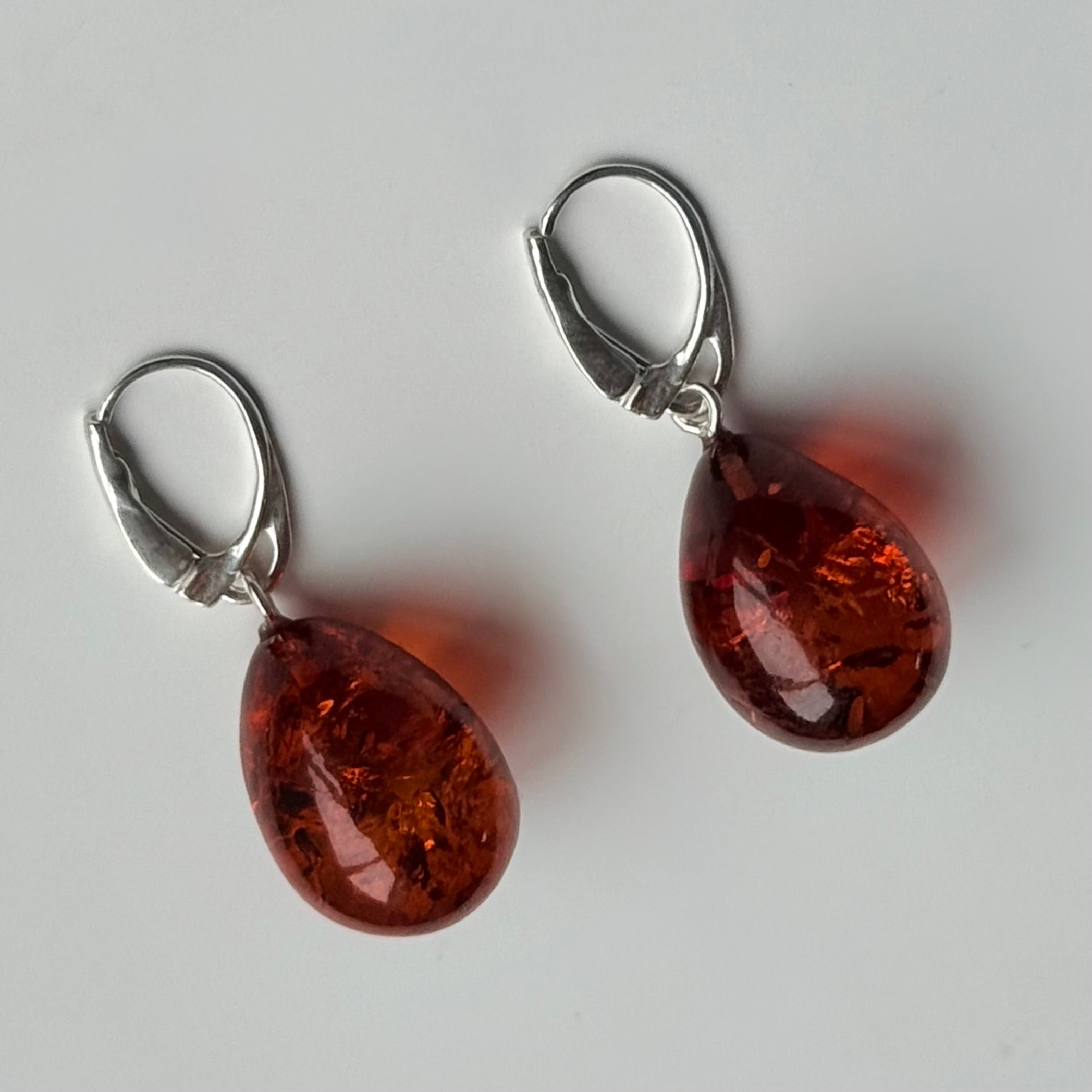 Deep Honey Coloured Baltic Amber Teardrop Shaped Earrings on Leverback Hooks