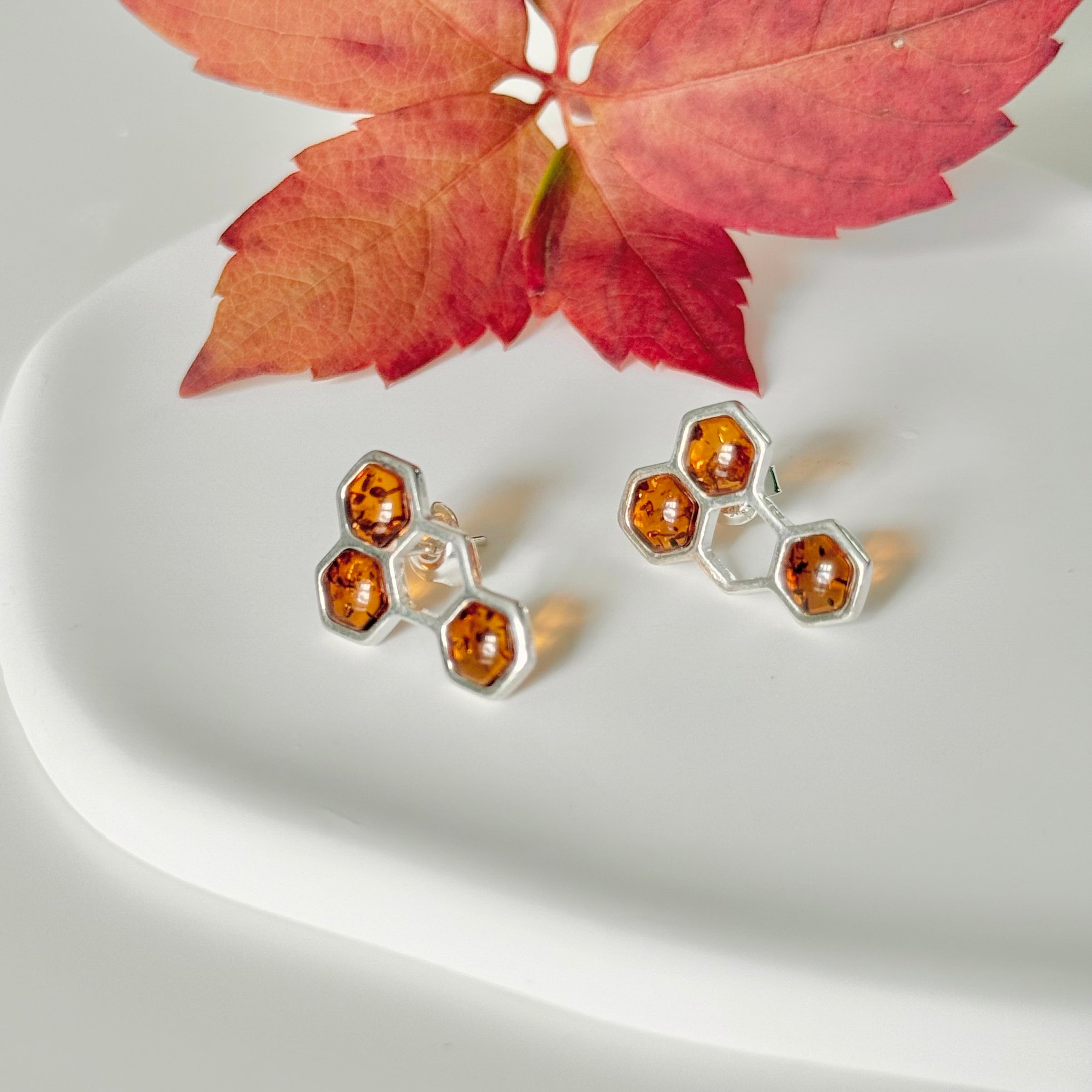 Sterling Silver Stud Earrings with Honey Coloured Genuine Baltic Amber in a Honeycomb Design