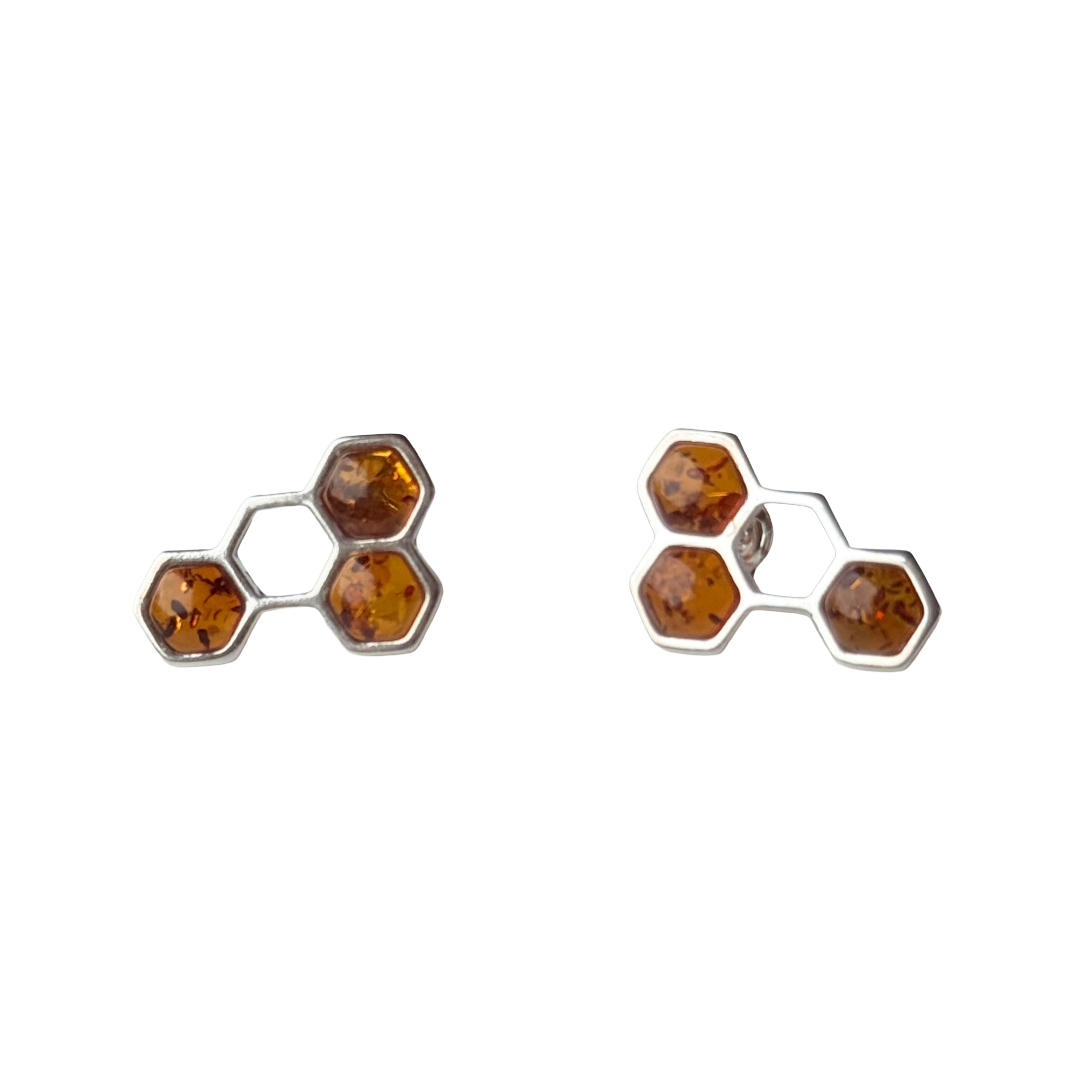 Sterling Silver Stud Earrings with Honey Coloured Genuine Baltic Amber in a Honeycomb Design