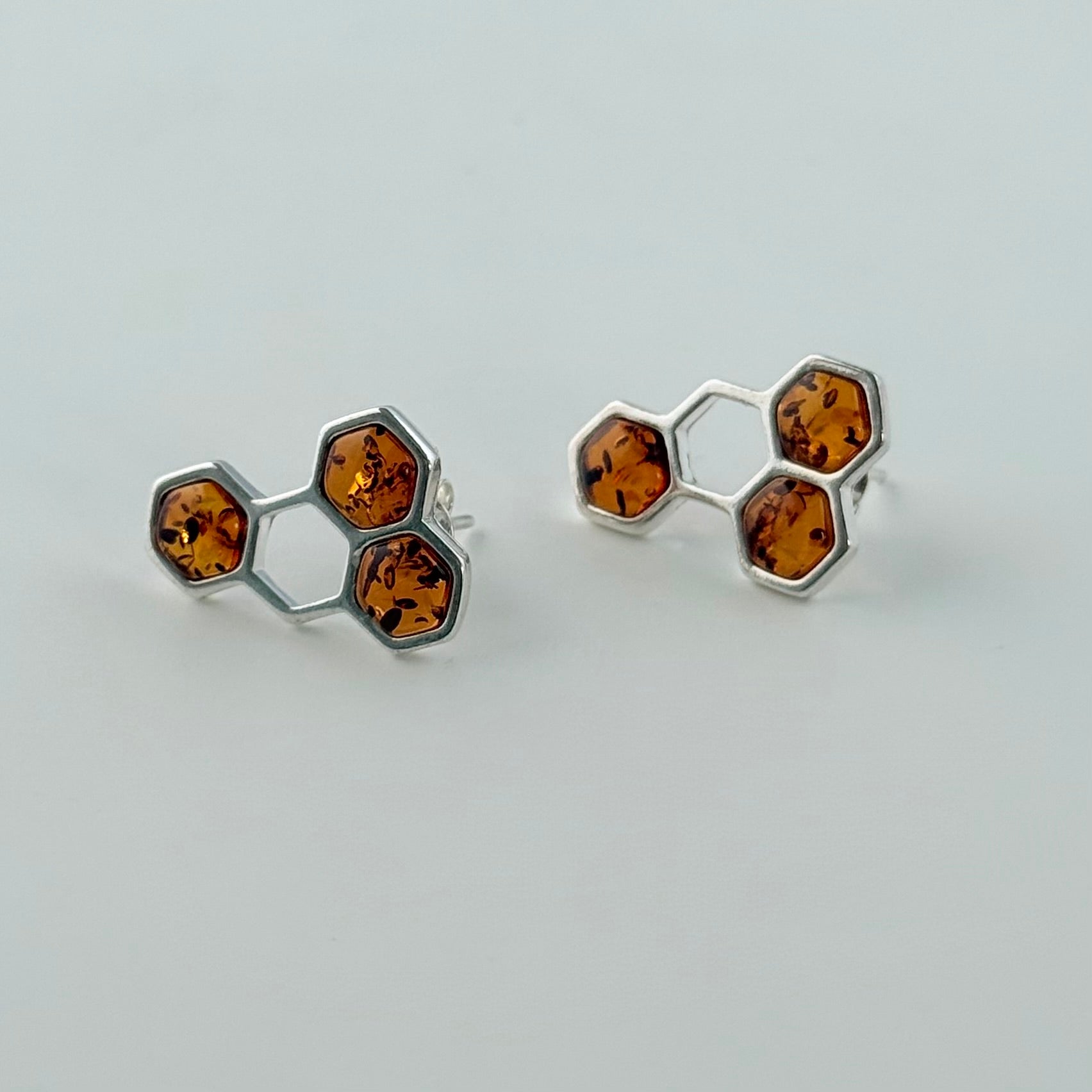Sterling Silver Stud Earrings with Honey Coloured Genuine Baltic Amber in a Honeycomb Design