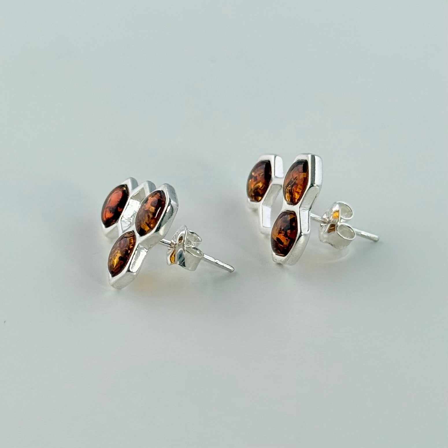 Sterling Silver Stud Earrings with Honey Coloured Genuine Baltic Amber in a Honeycomb Design