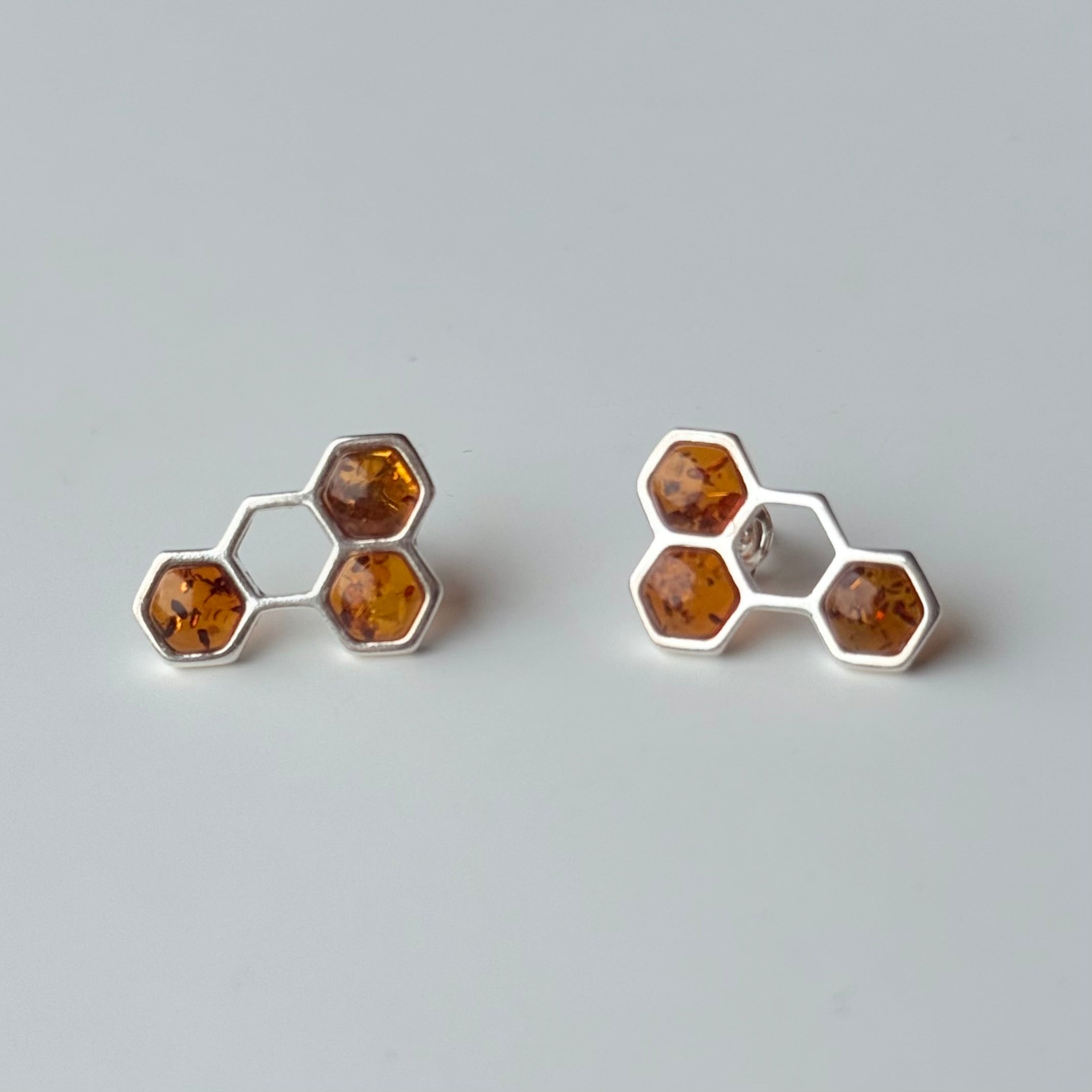 Sterling Silver Stud Earrings with Honey Coloured Genuine Baltic Amber in a Honeycomb Design