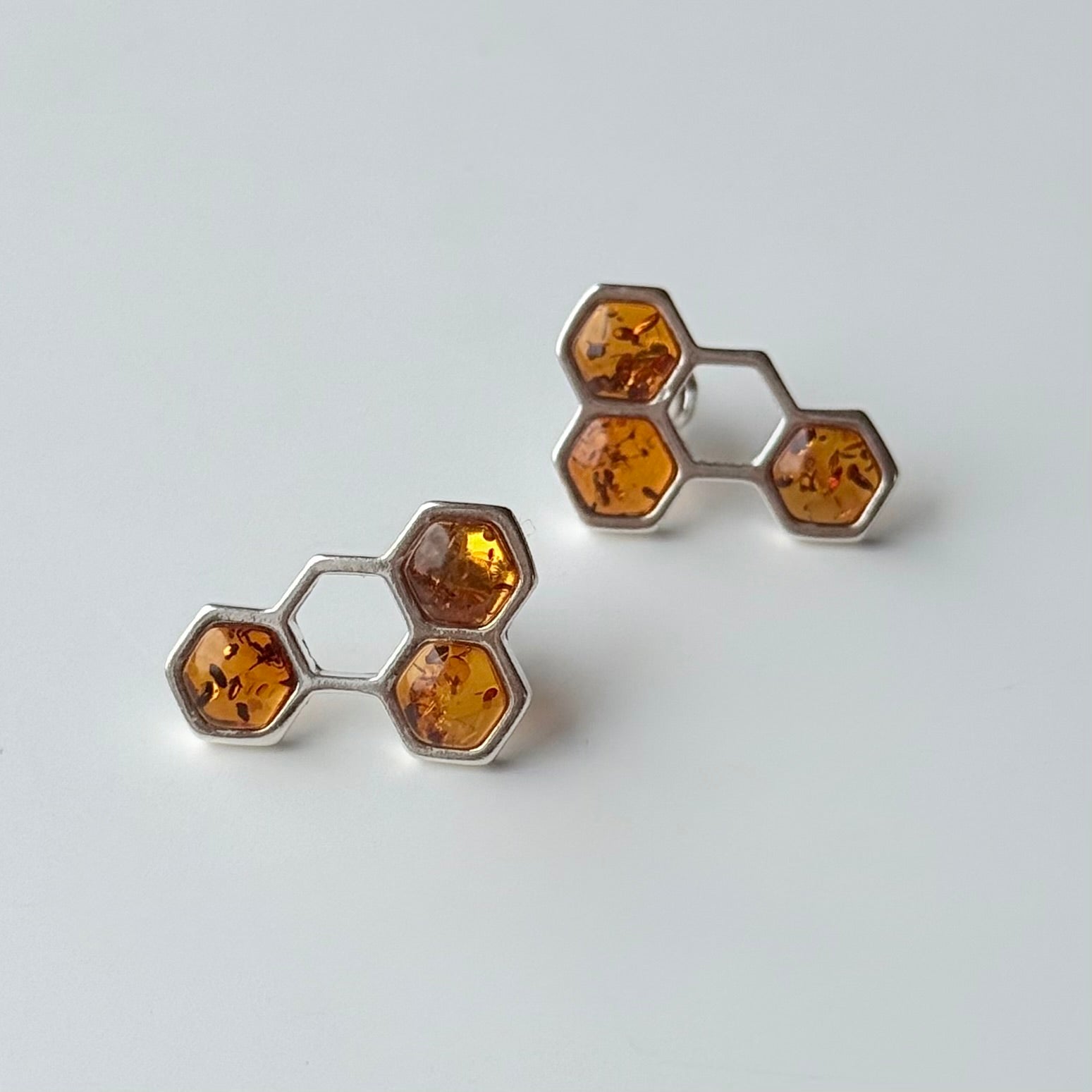 Sterling Silver Stud Earrings with Honey Coloured Genuine Baltic Amber in a Honeycomb Design