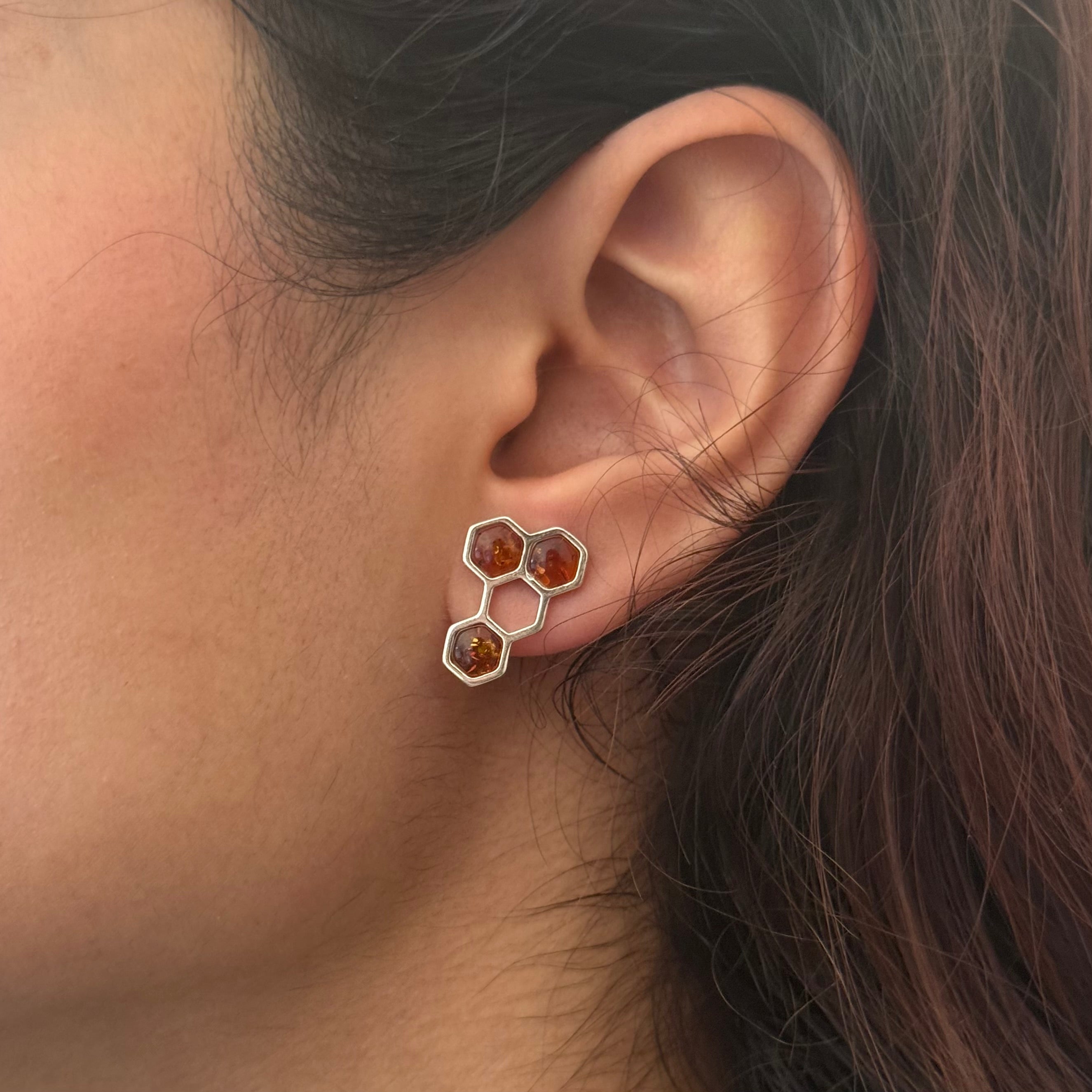 Sterling Silver Stud Earrings with Honey Coloured Genuine Baltic Amber in a Honeycomb Design