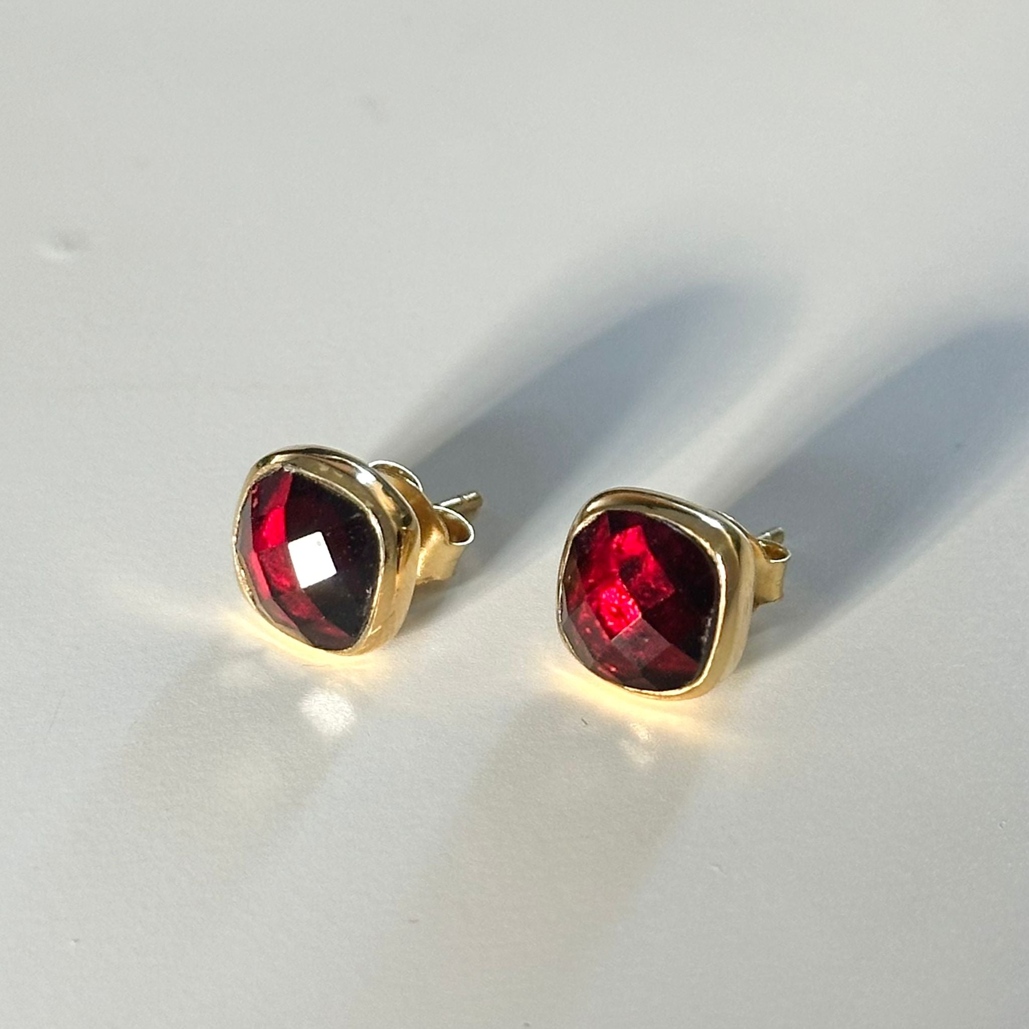 Faceted Square Garnet Gemstone Stud Earrings in Gold Plated Sterling Silver
