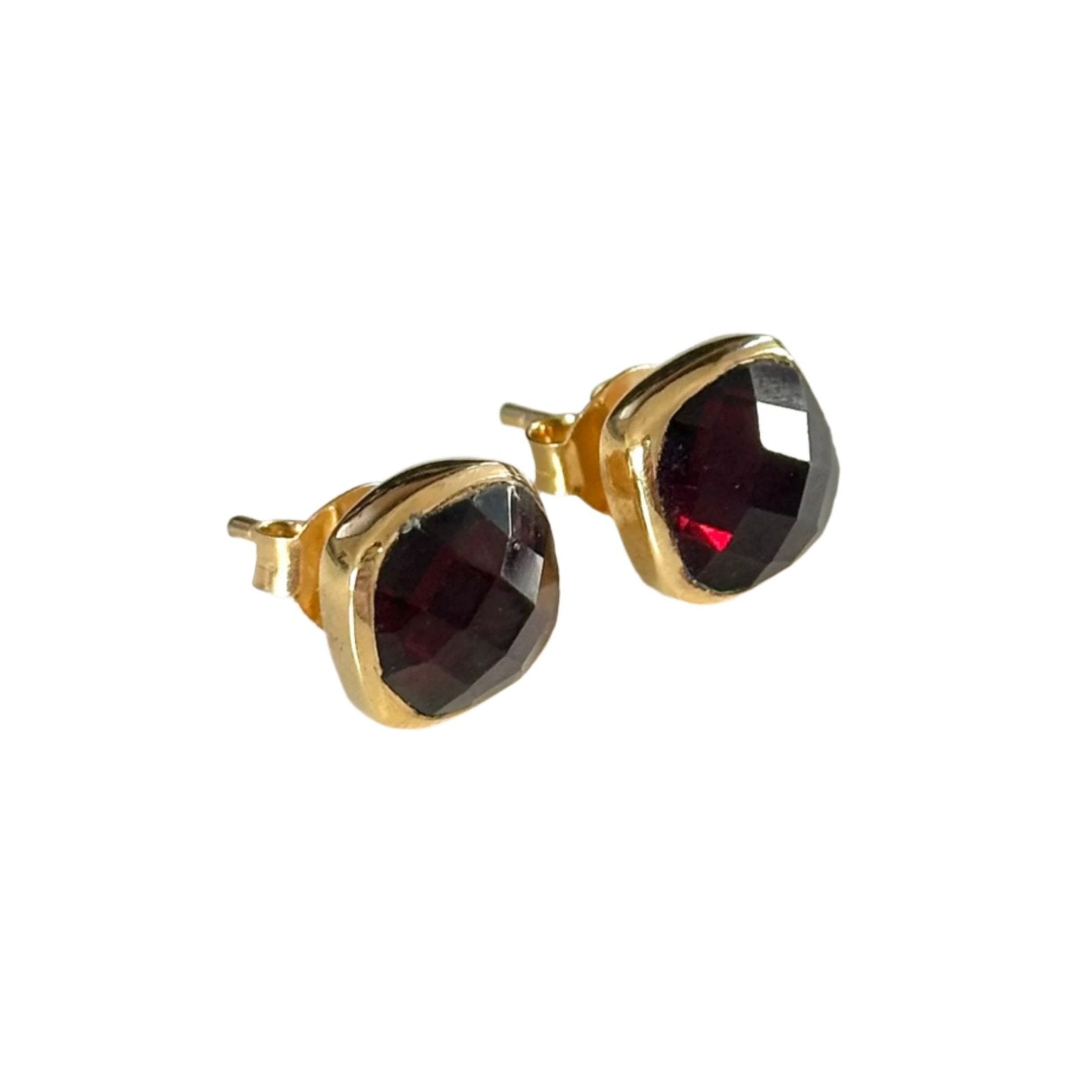 Faceted Square Garnet Gemstone Stud Earrings in Gold Plated Sterling Silver