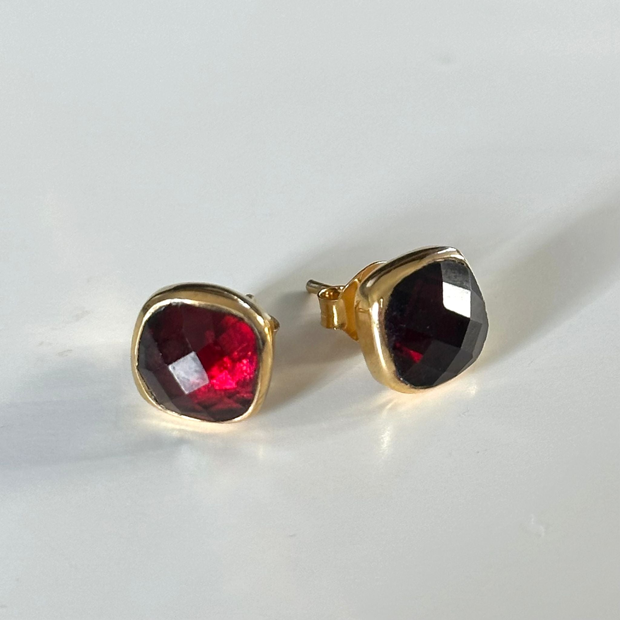 Faceted Square Garnet Gemstone Stud Earrings in Gold Plated Sterling Silver