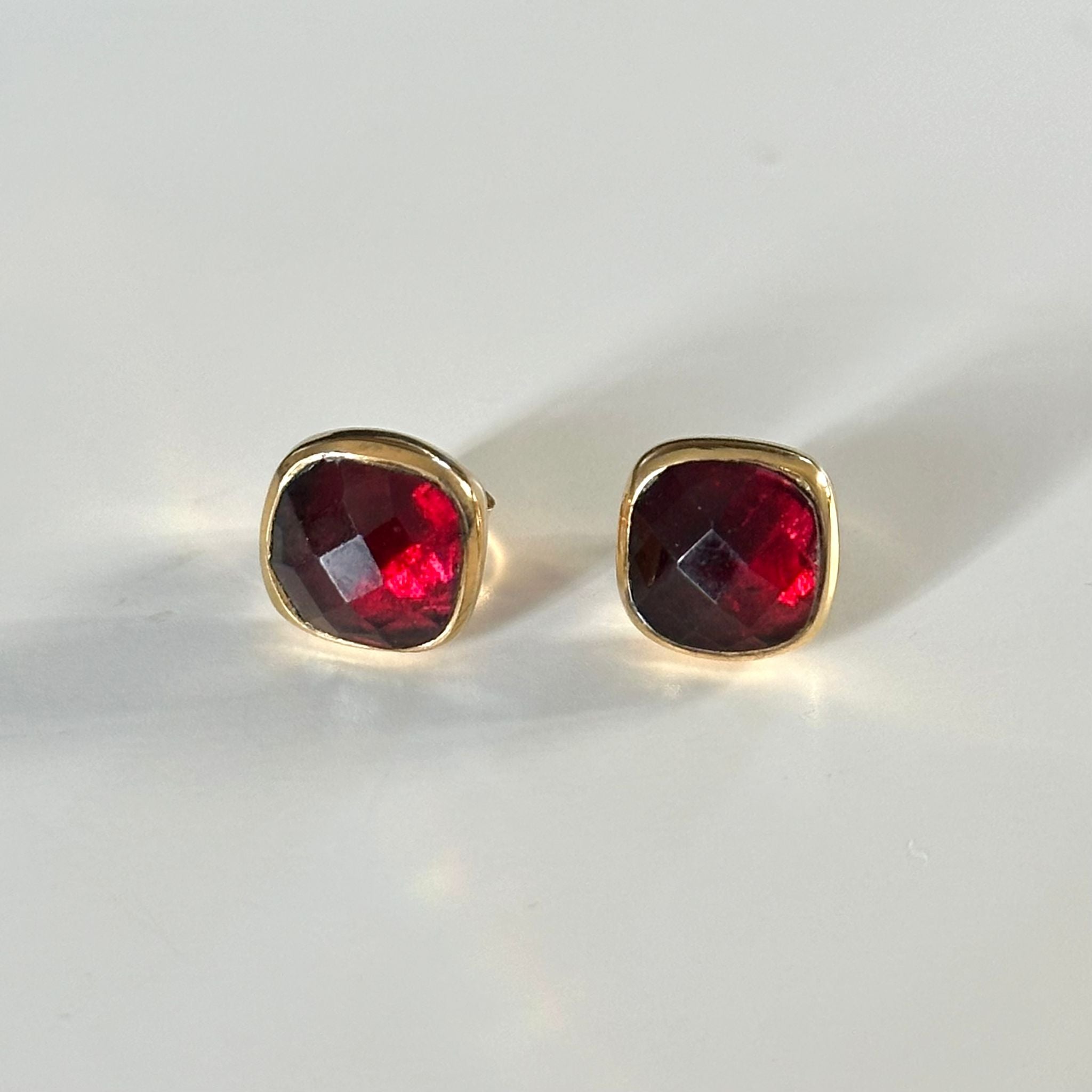Faceted Square Garnet Gemstone Stud Earrings in Gold Plated Sterling Silver