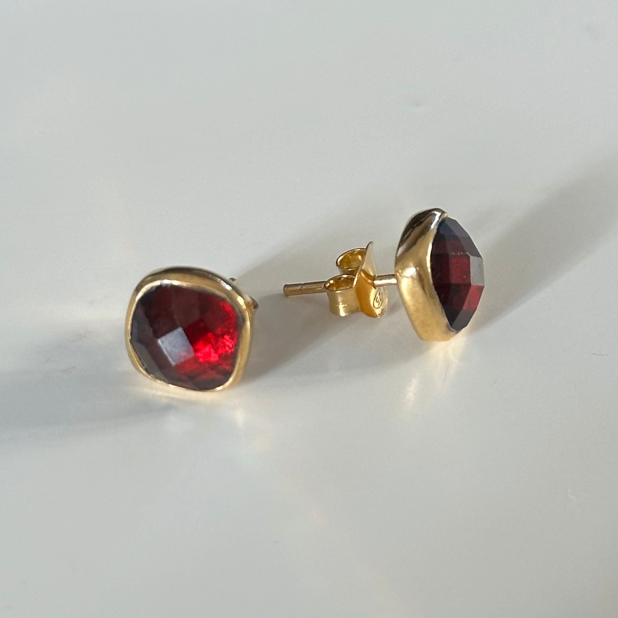 Faceted Square Garnet Gemstone Stud Earrings in Gold Plated Sterling Silver