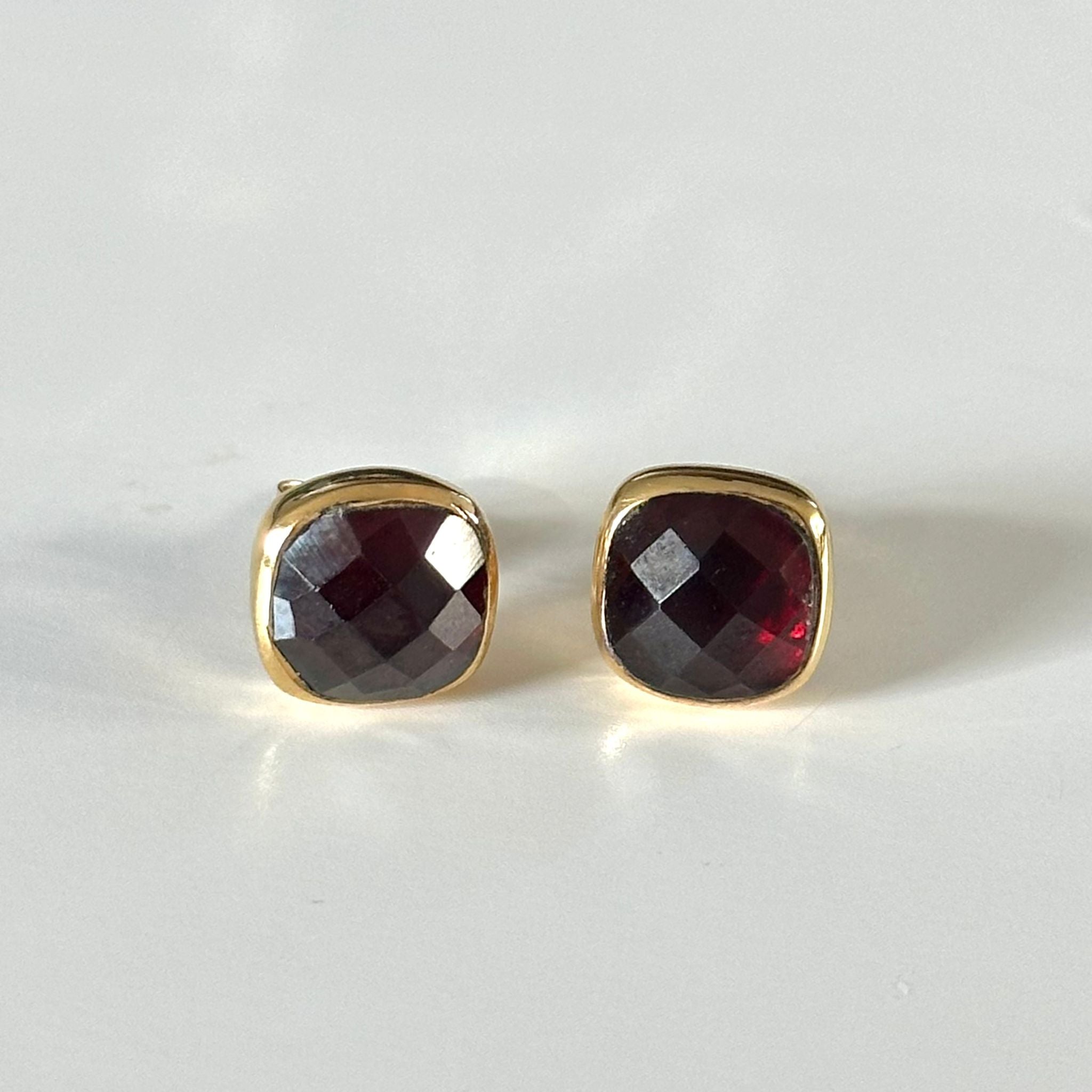 Faceted Square Garnet Gemstone Stud Earrings in Gold Plated Sterling Silver