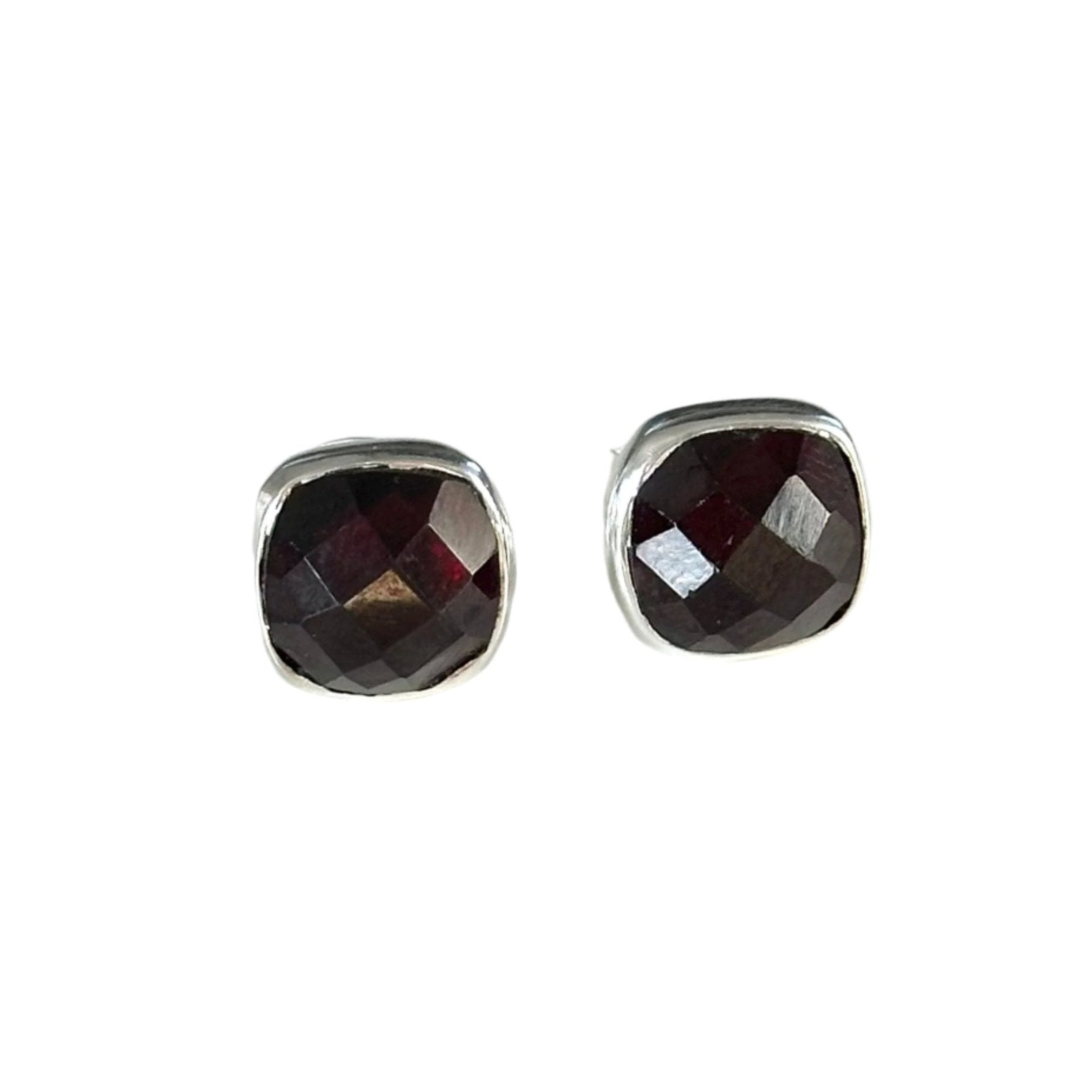 Square Garnet Gold Stud Earrings in Sterling Silver with a Faceted Gemstone - Milina London