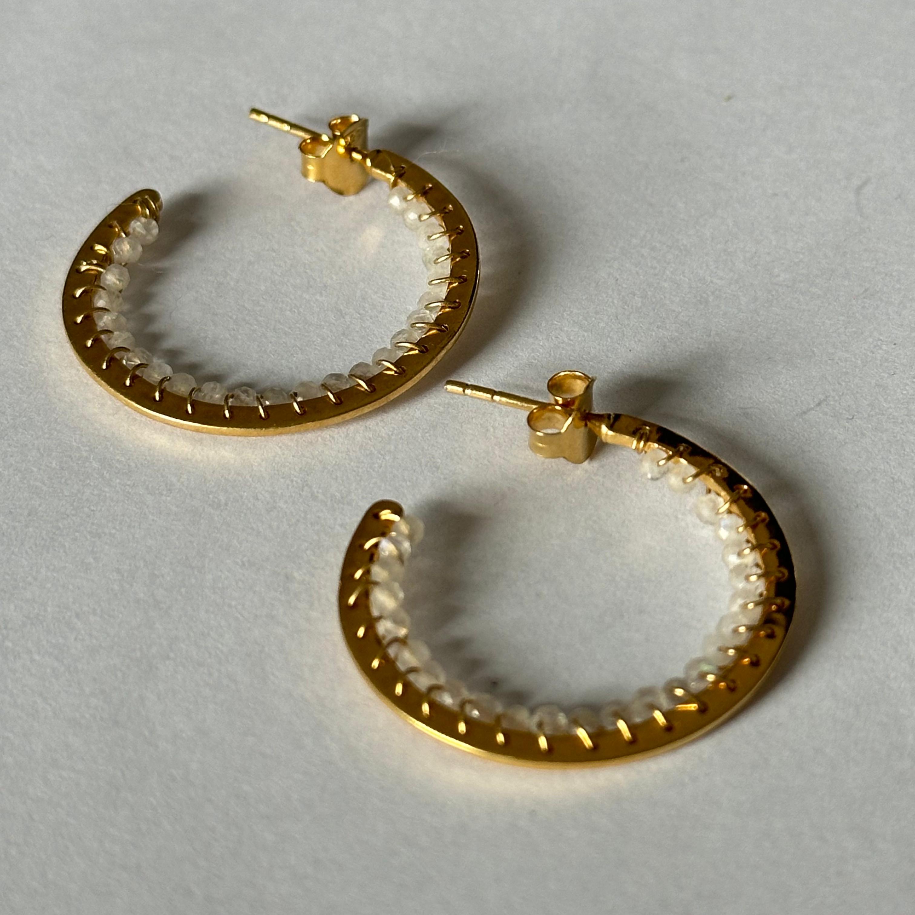 Hoop Earrings in Gold Plated Sterling Silver with Moonstone Gemstone