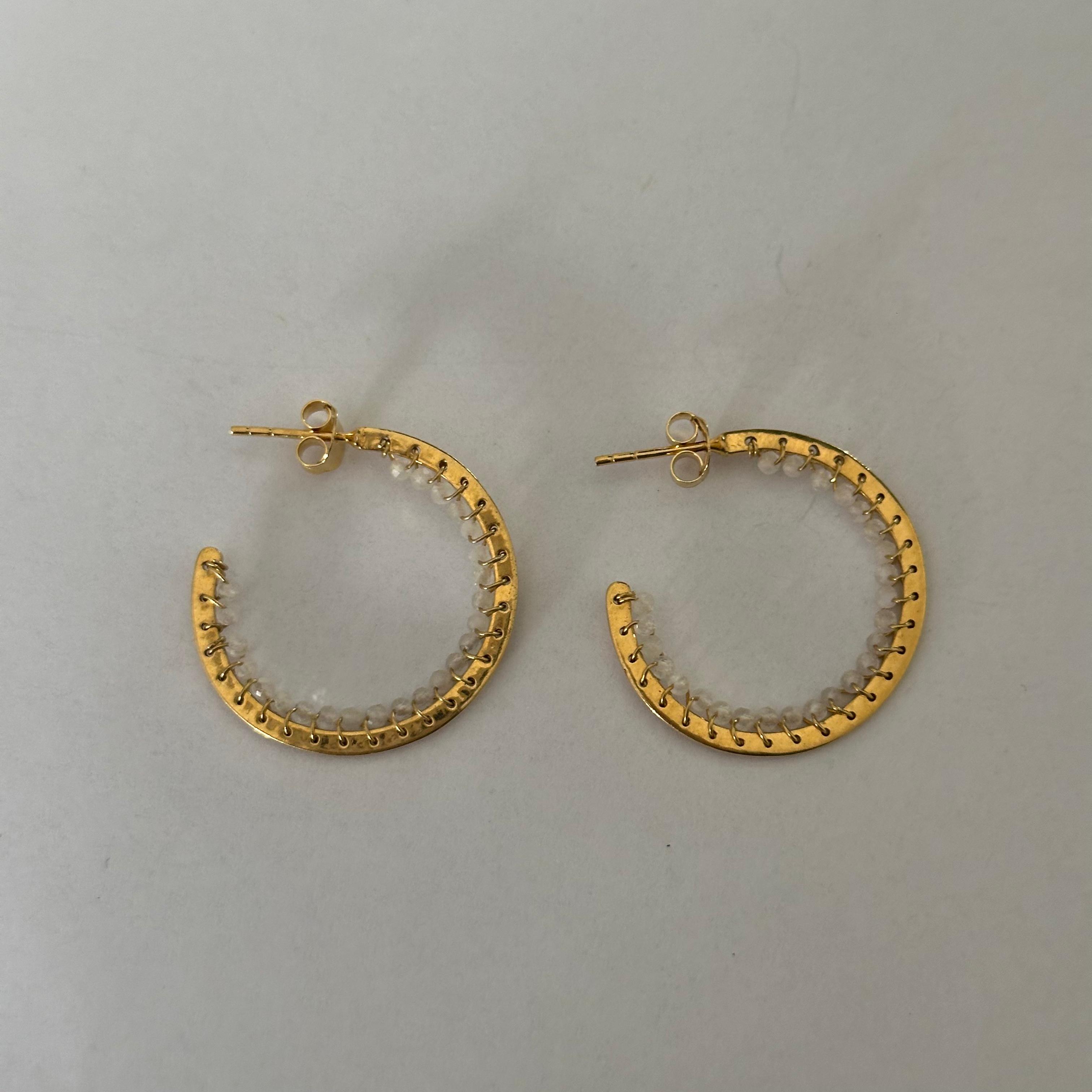 Hoop Earrings in Gold Plated Sterling Silver with Moonstone Gemstone