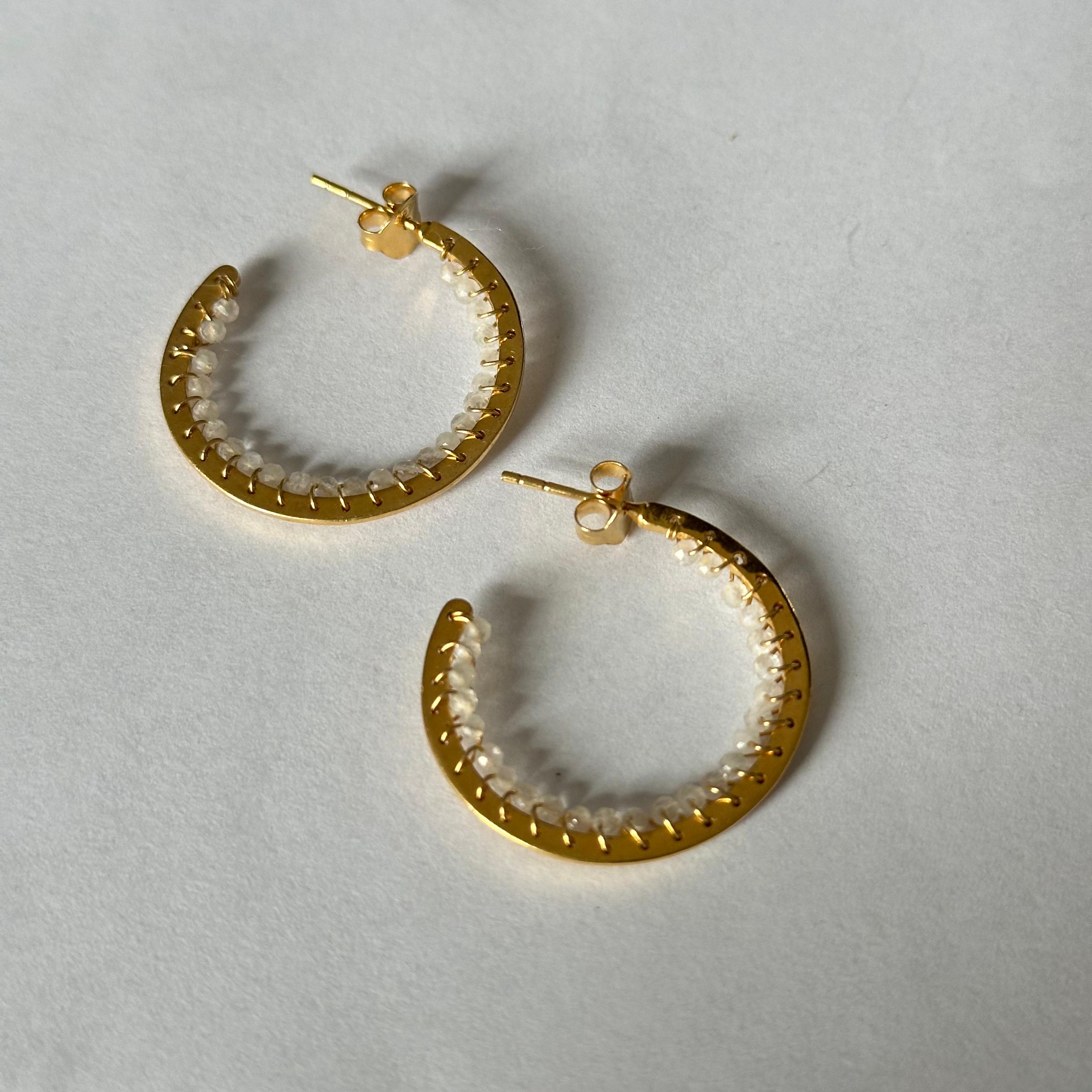 Hoop Earrings in Gold Plated Sterling Silver with Moonstone Gemstone