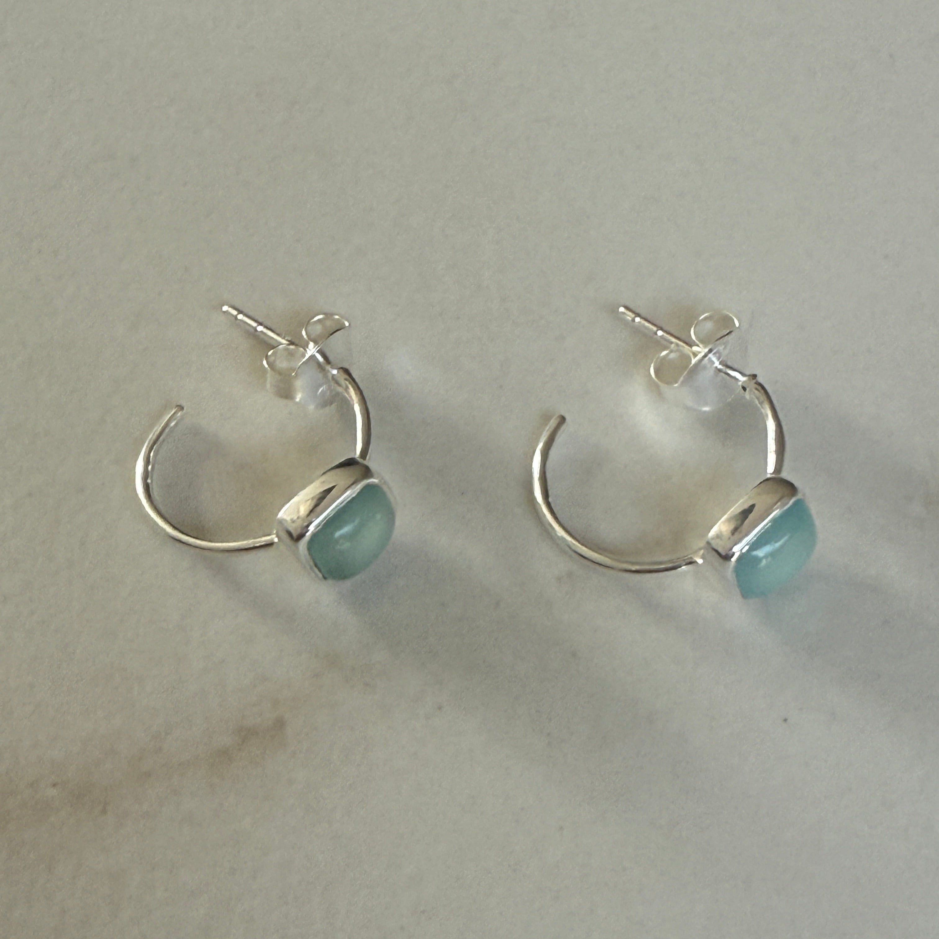 Minimal Sterling Silver Small Hoops with a Square Cabochon Gemstone - Aqua Chalcedony