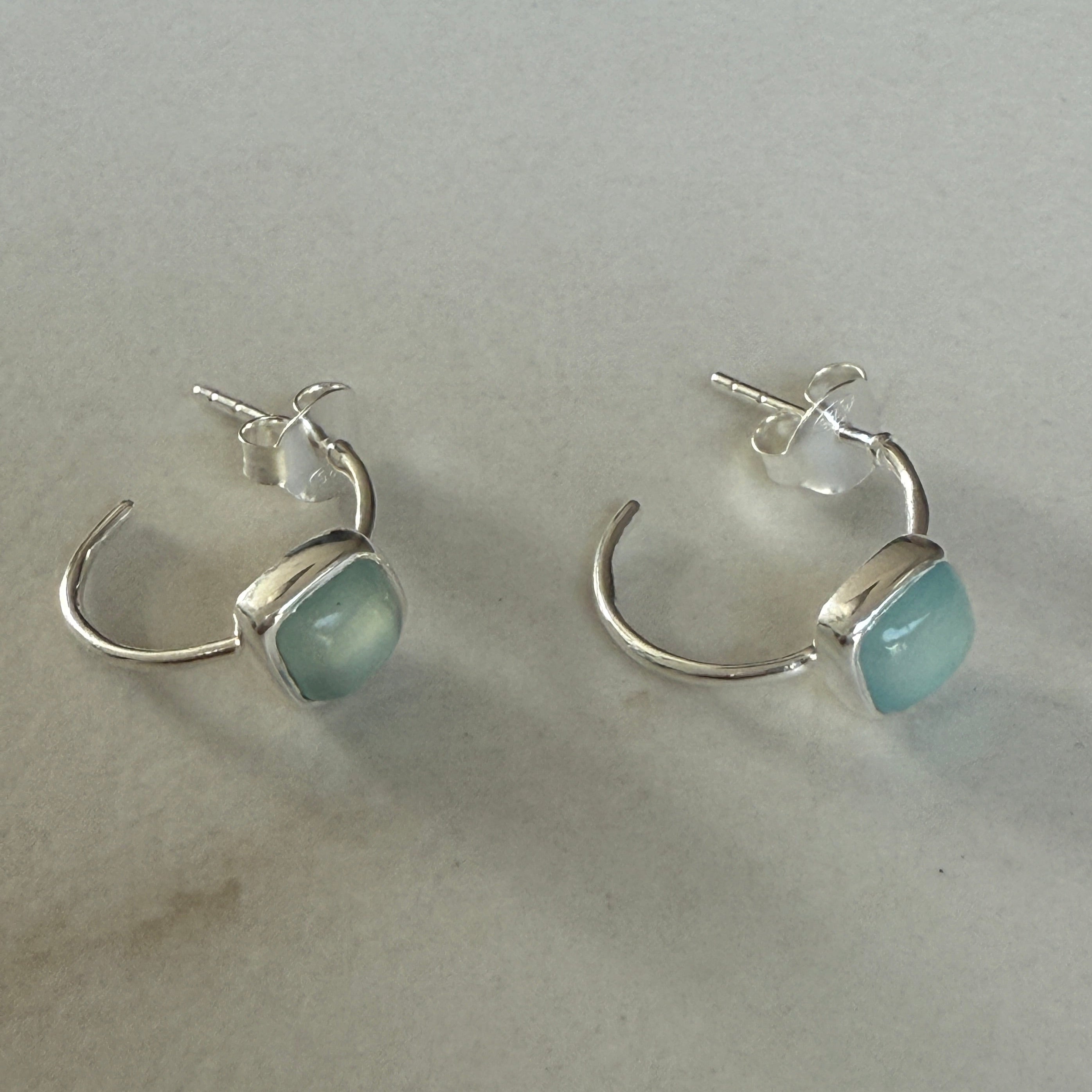 Minimal Sterling Silver Small Hoops with a Square Cabochon Gemstone - Aqua Chalcedony