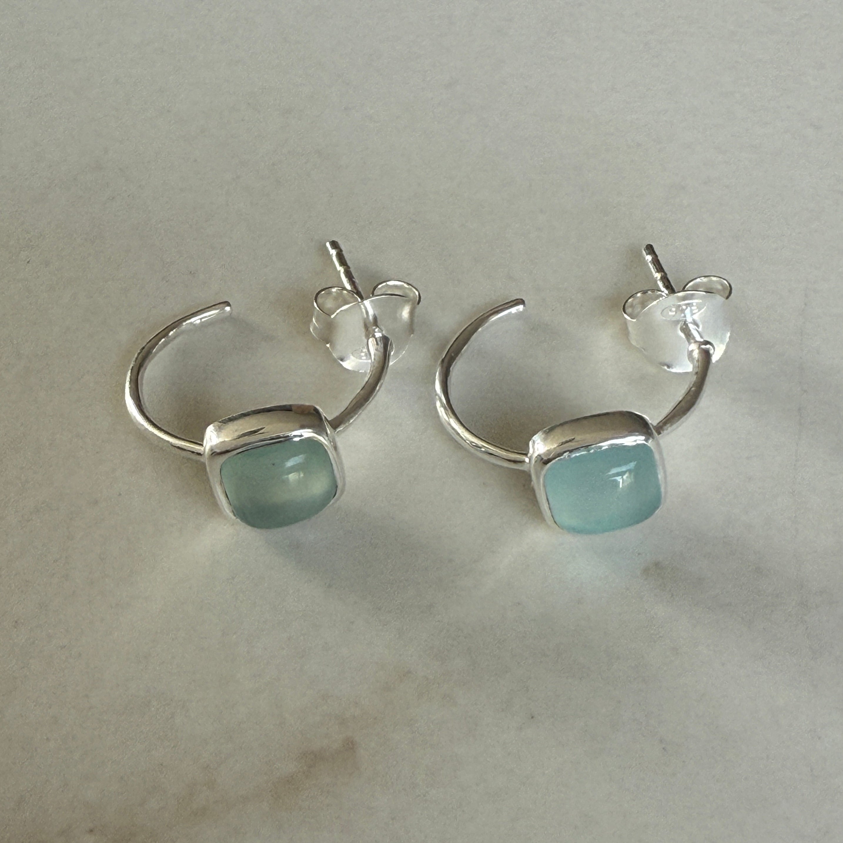 Minimal Sterling Silver Small Hoops with a Square Cabochon Gemstone - Aqua Chalcedony