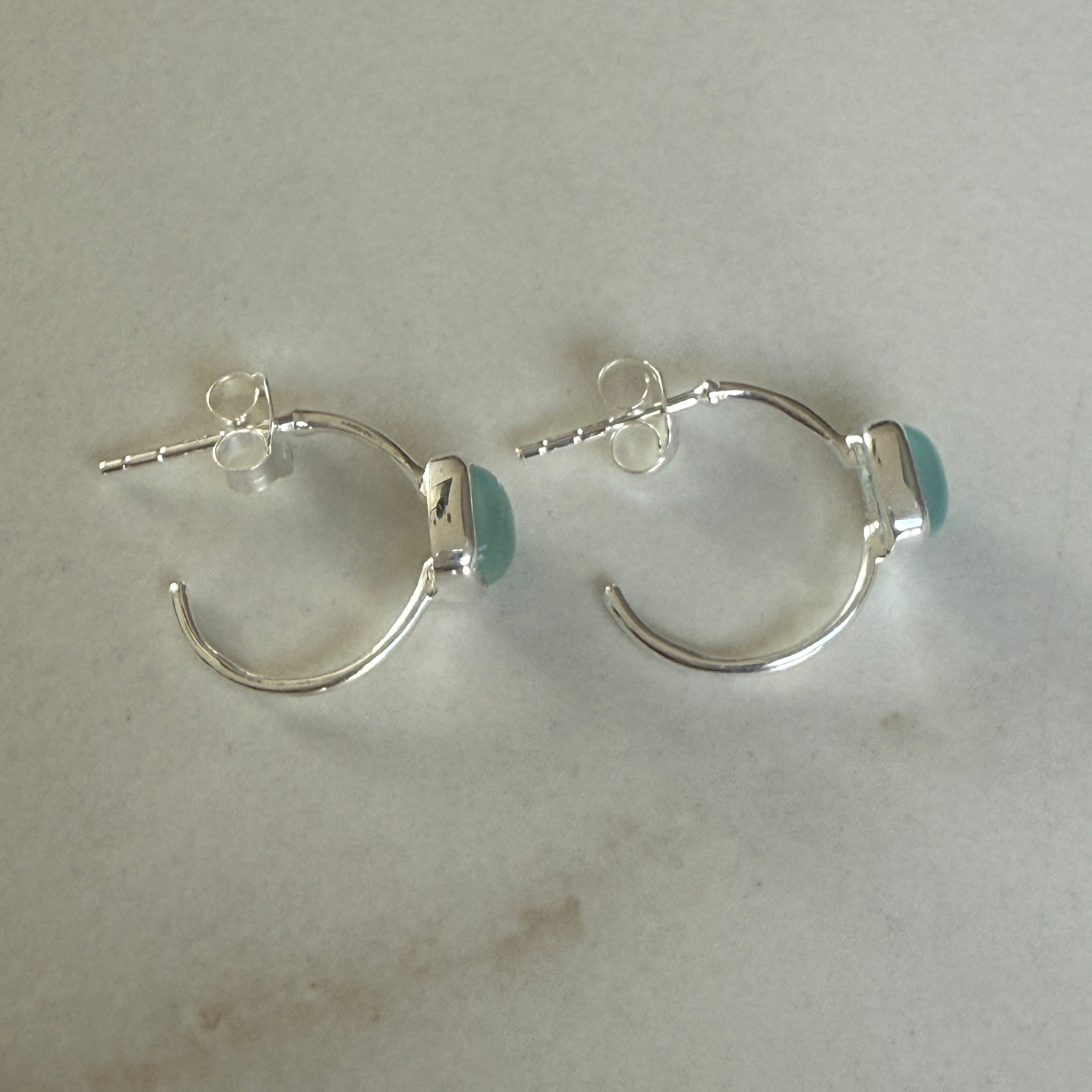 Minimal Sterling Silver Small Hoops with a Square Cabochon Gemstone - Aqua Chalcedony