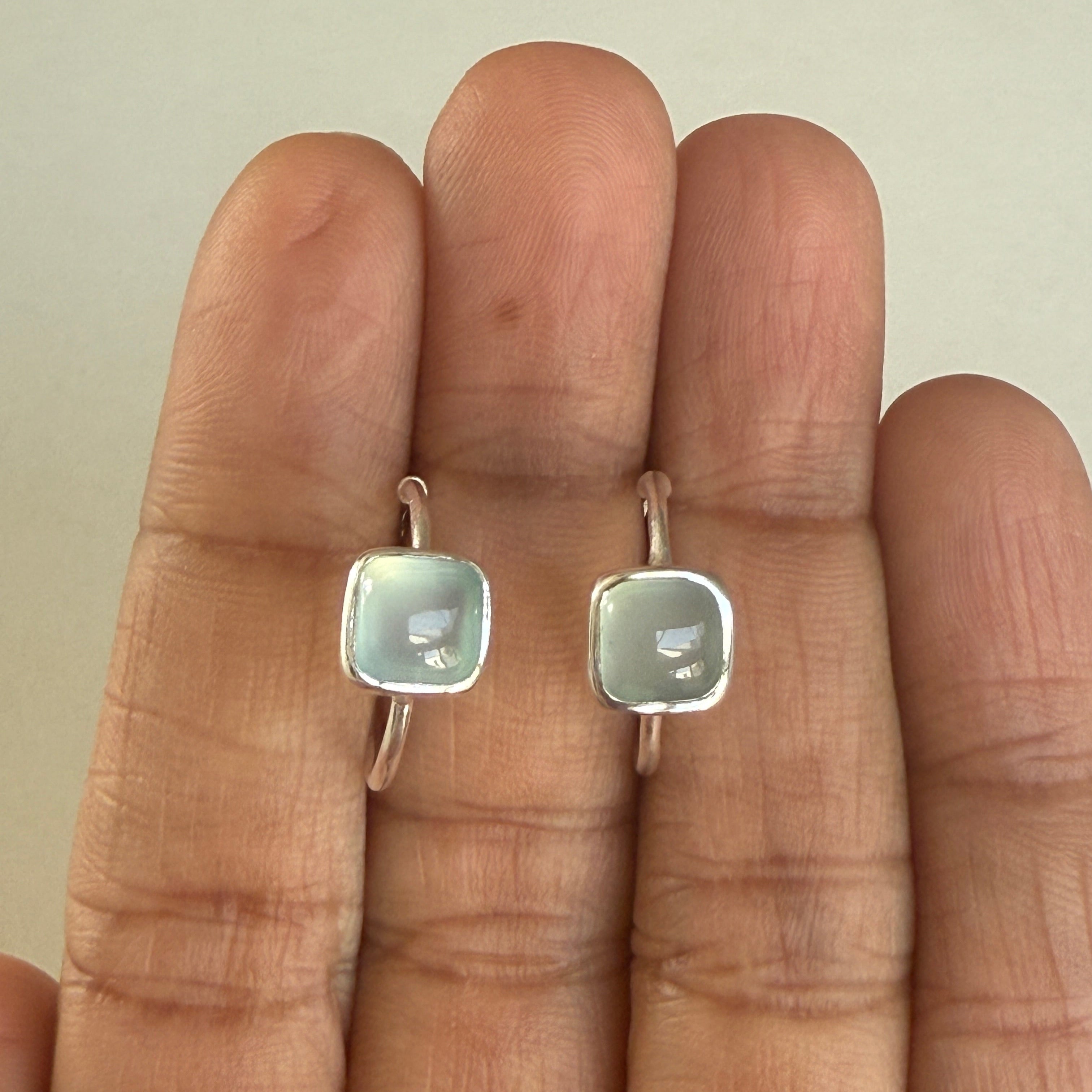 Minimal Sterling Silver Small Hoops with a Square Cabochon Gemstone - Aqua Chalcedony