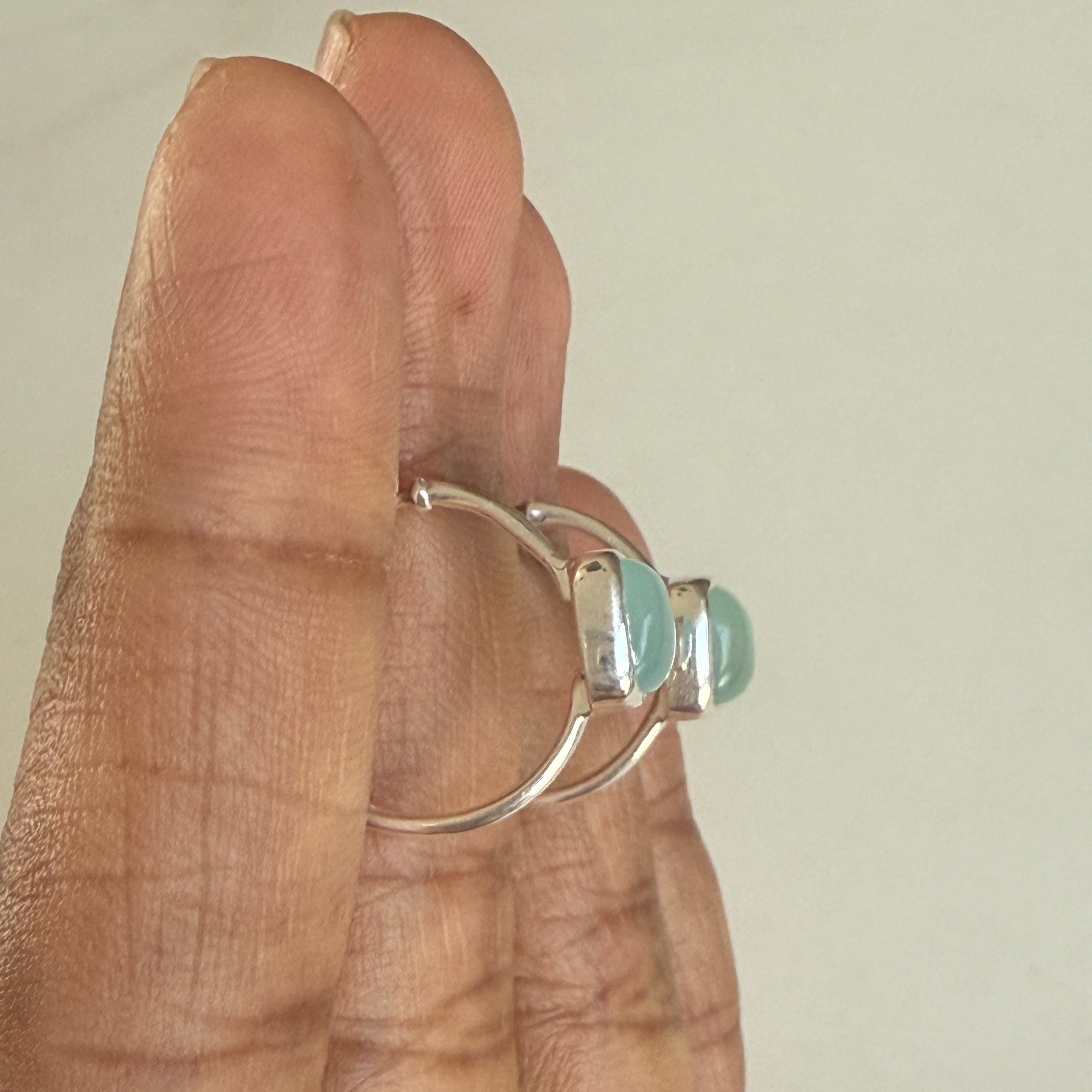 Minimal Sterling Silver Small Hoops with a Square Cabochon Gemstone - Aqua Chalcedony