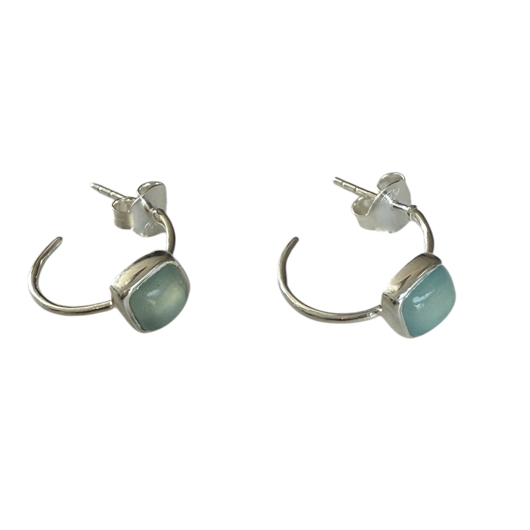 Minimal Sterling Silver Small Hoops with a Square Cabochon Gemstone - Aqua Chalcedony