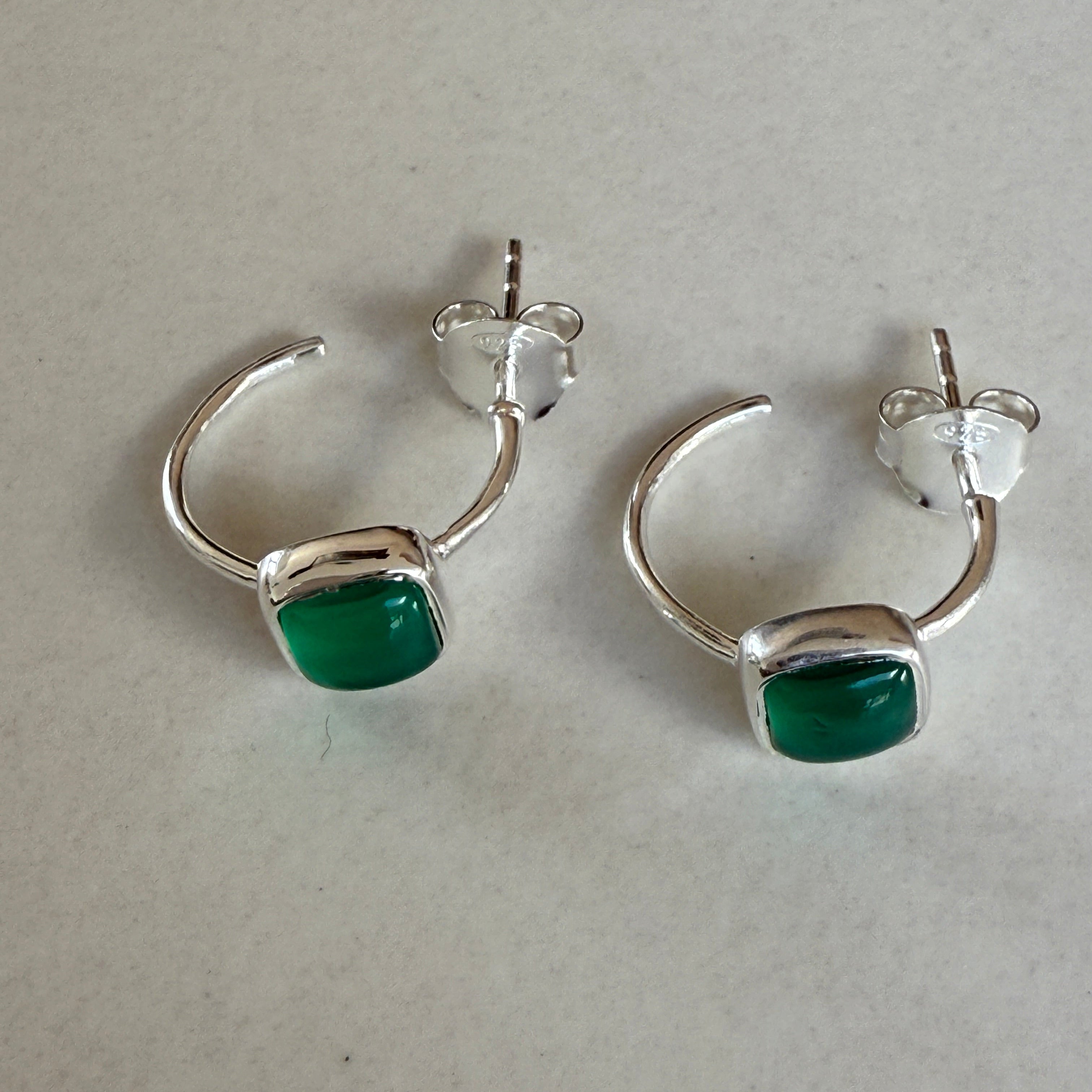Minimal Sterling Silver Small Hoops with a Square Cabochon Gemstone - Green Onyx