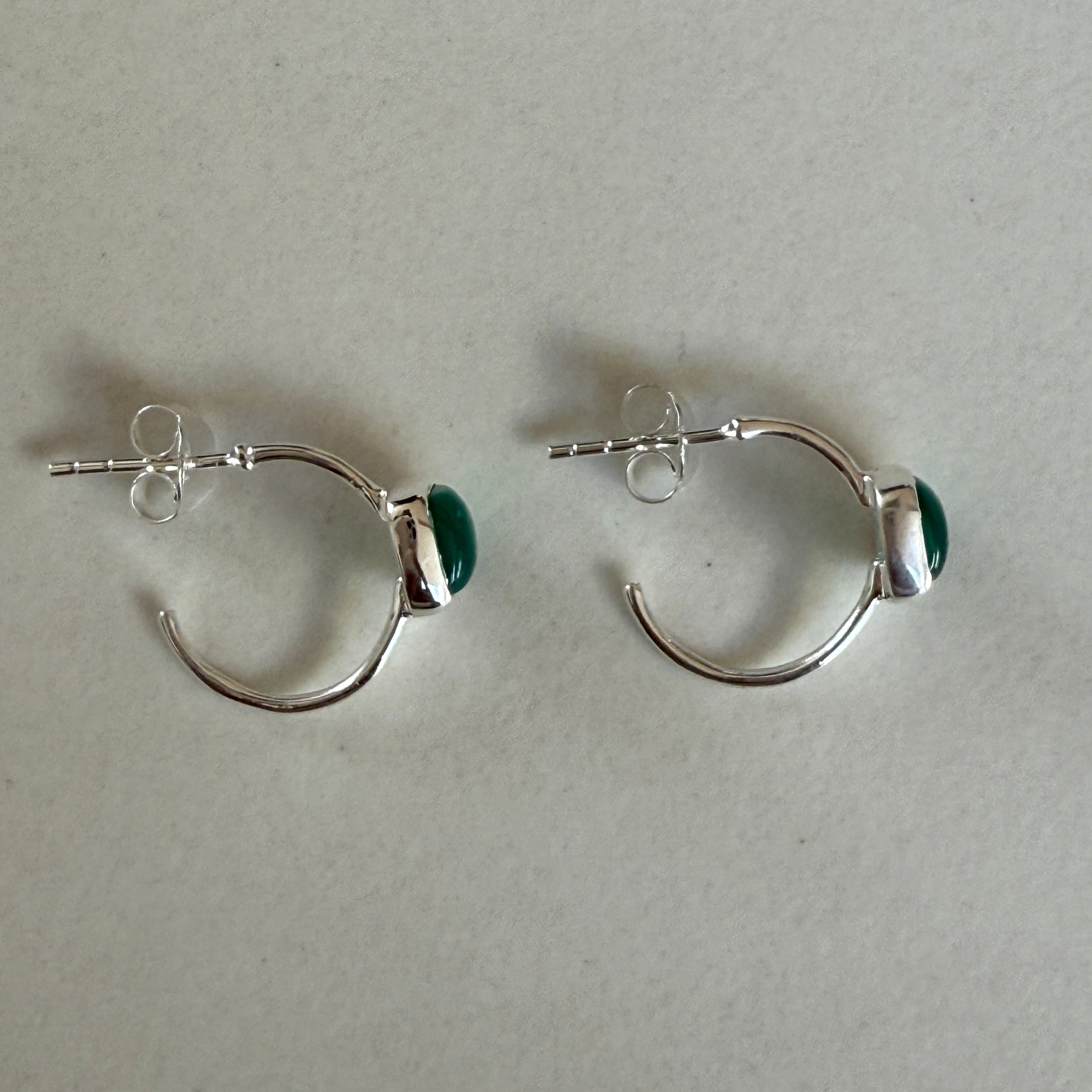 Minimal Sterling Silver Small Hoops with a Square Cabochon Gemstone - Green Onyx