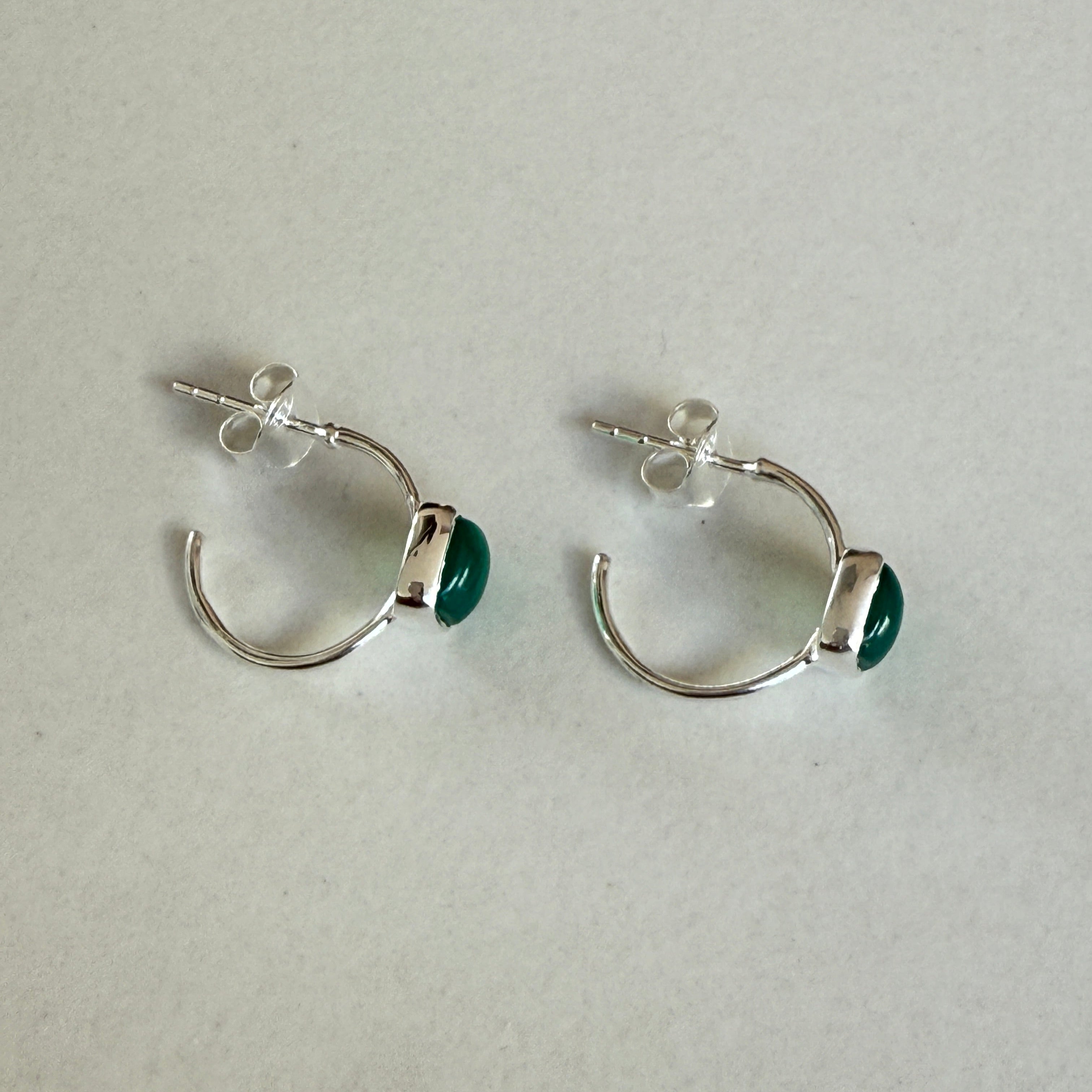 Minimal Sterling Silver Small Hoops with a Square Cabochon Gemstone - Green Onyx