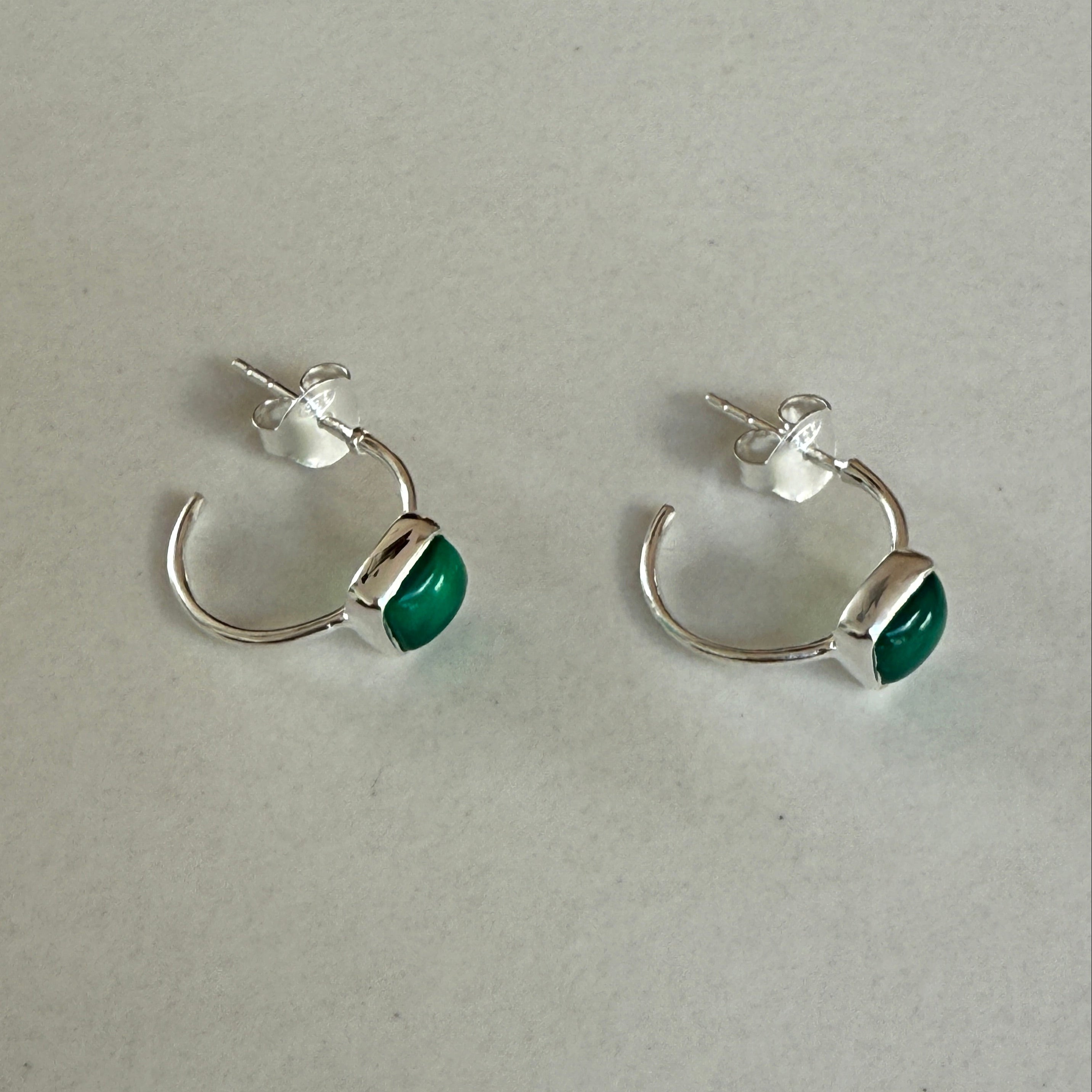 Minimal Sterling Silver Small Hoops with a Square Cabochon Gemstone - Green Onyx