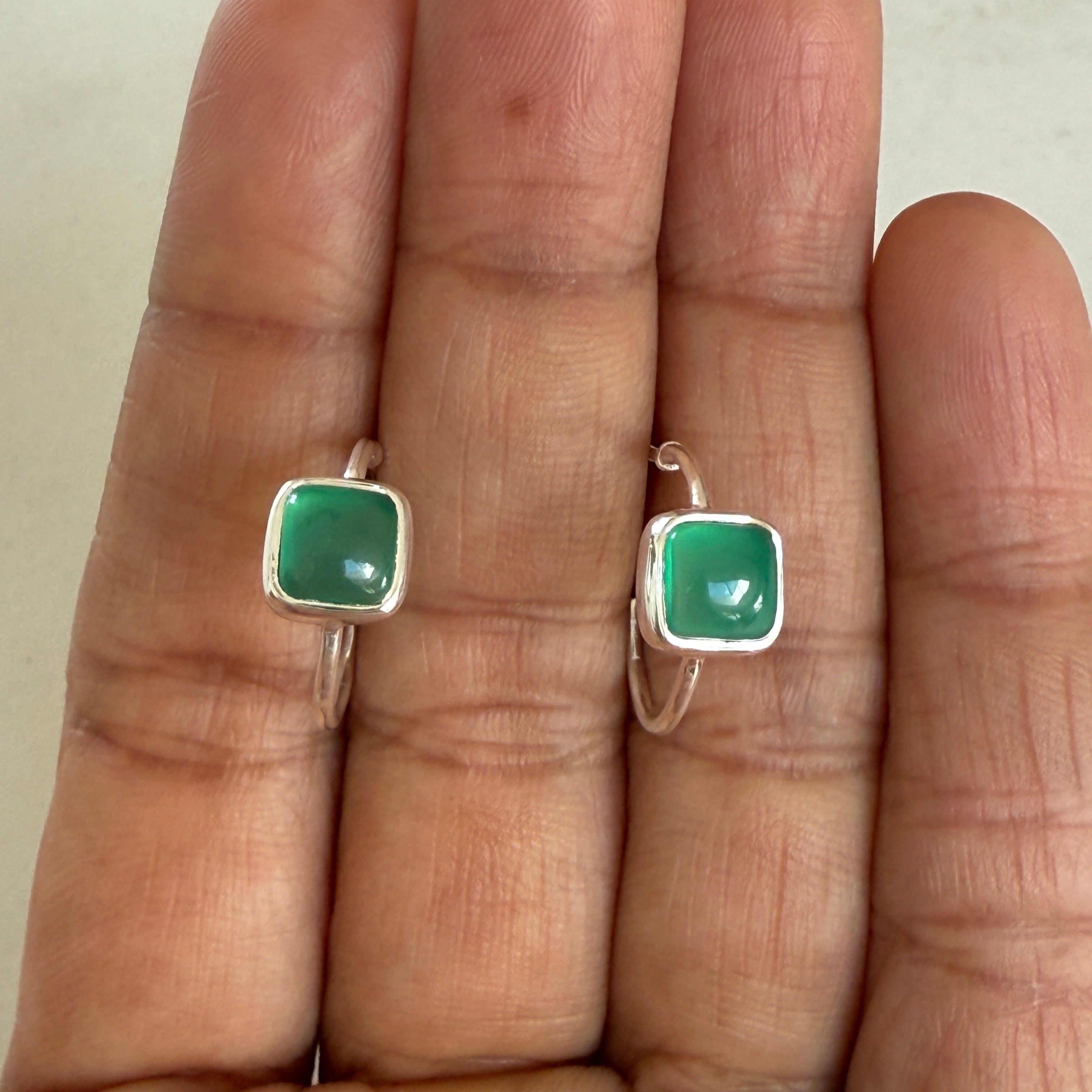 Minimal Sterling Silver Small Hoops with a Square Cabochon Gemstone - Green Onyx