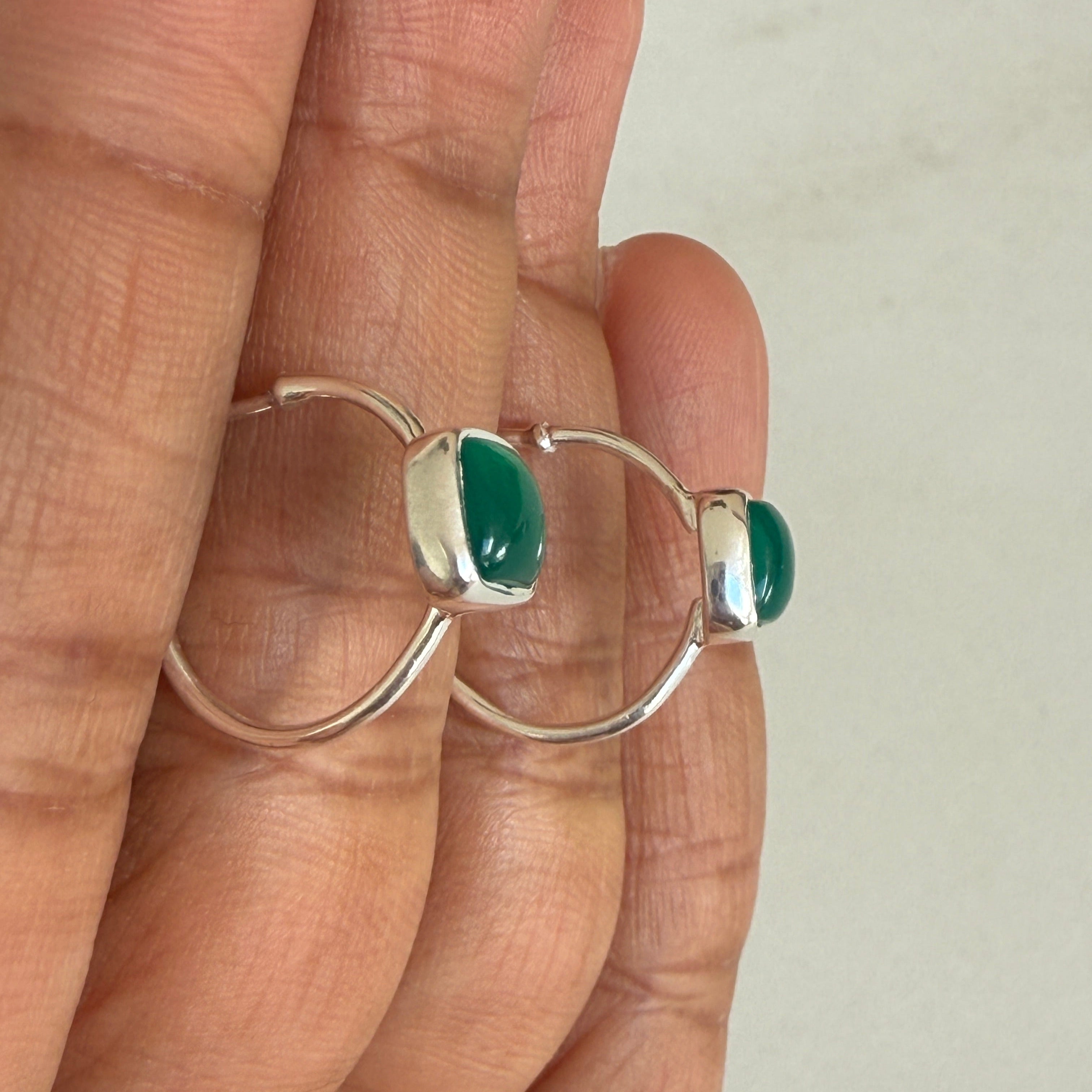 Minimal Sterling Silver Small Hoops with a Square Cabochon Gemstone - Green Onyx