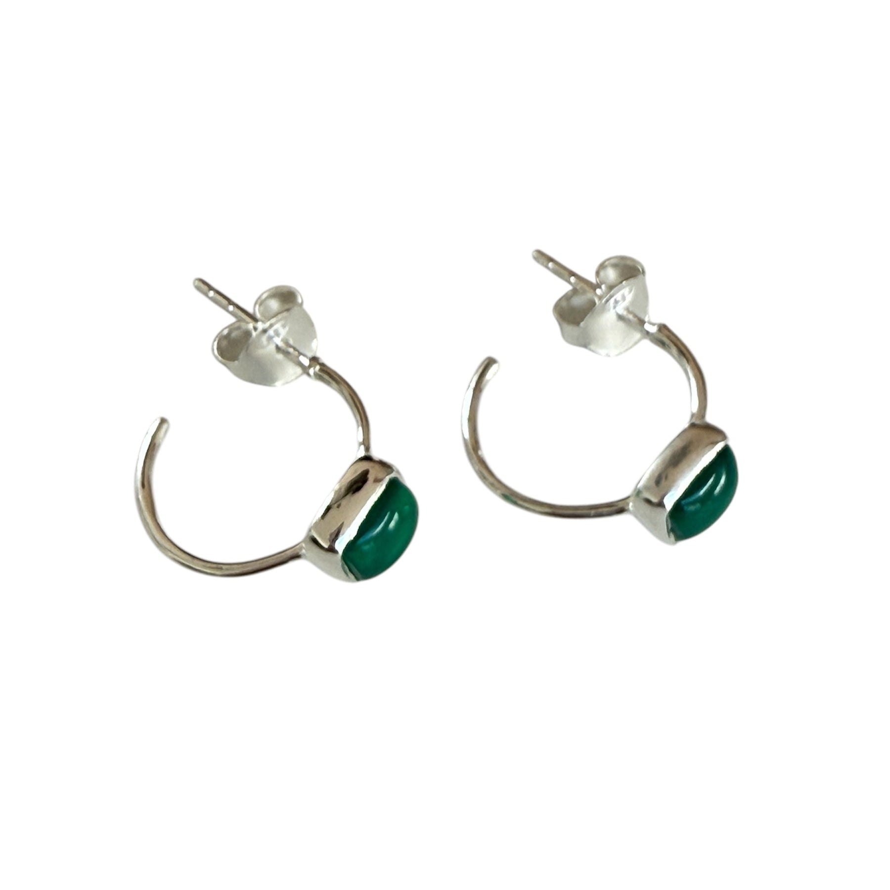 Minimal Sterling Silver Small Hoops with a Square Cabochon Gemstone - Green Onyx