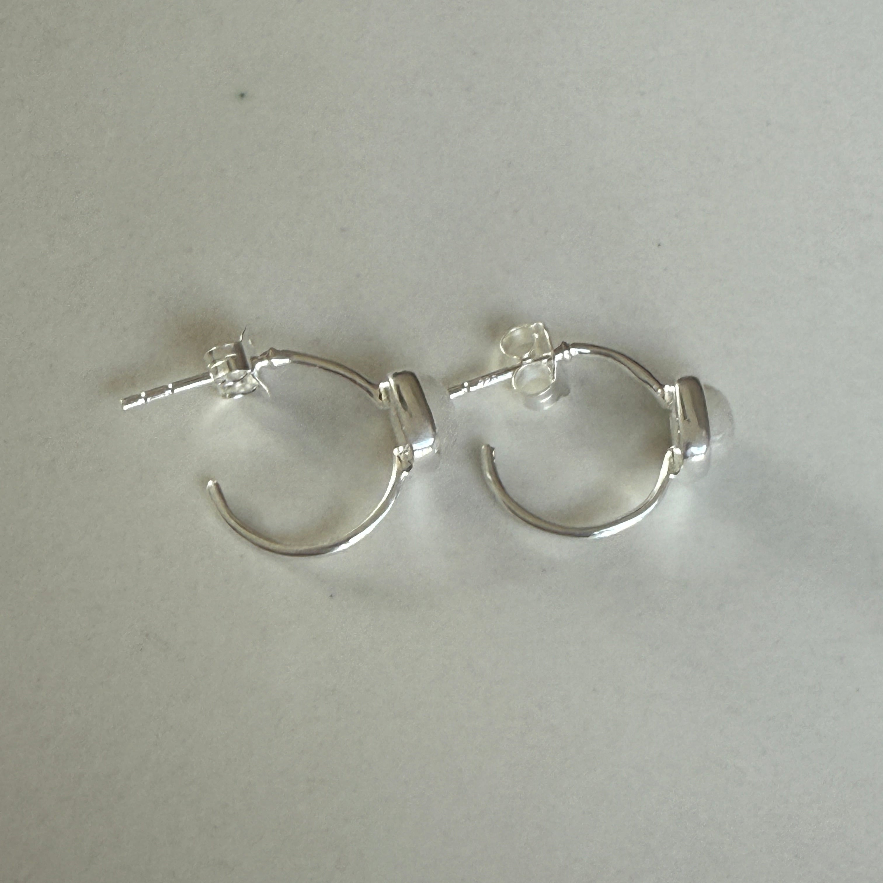 Minimal Sterling Silver Small Hoops with a Square Cabochon Gemstone - Moonstone
