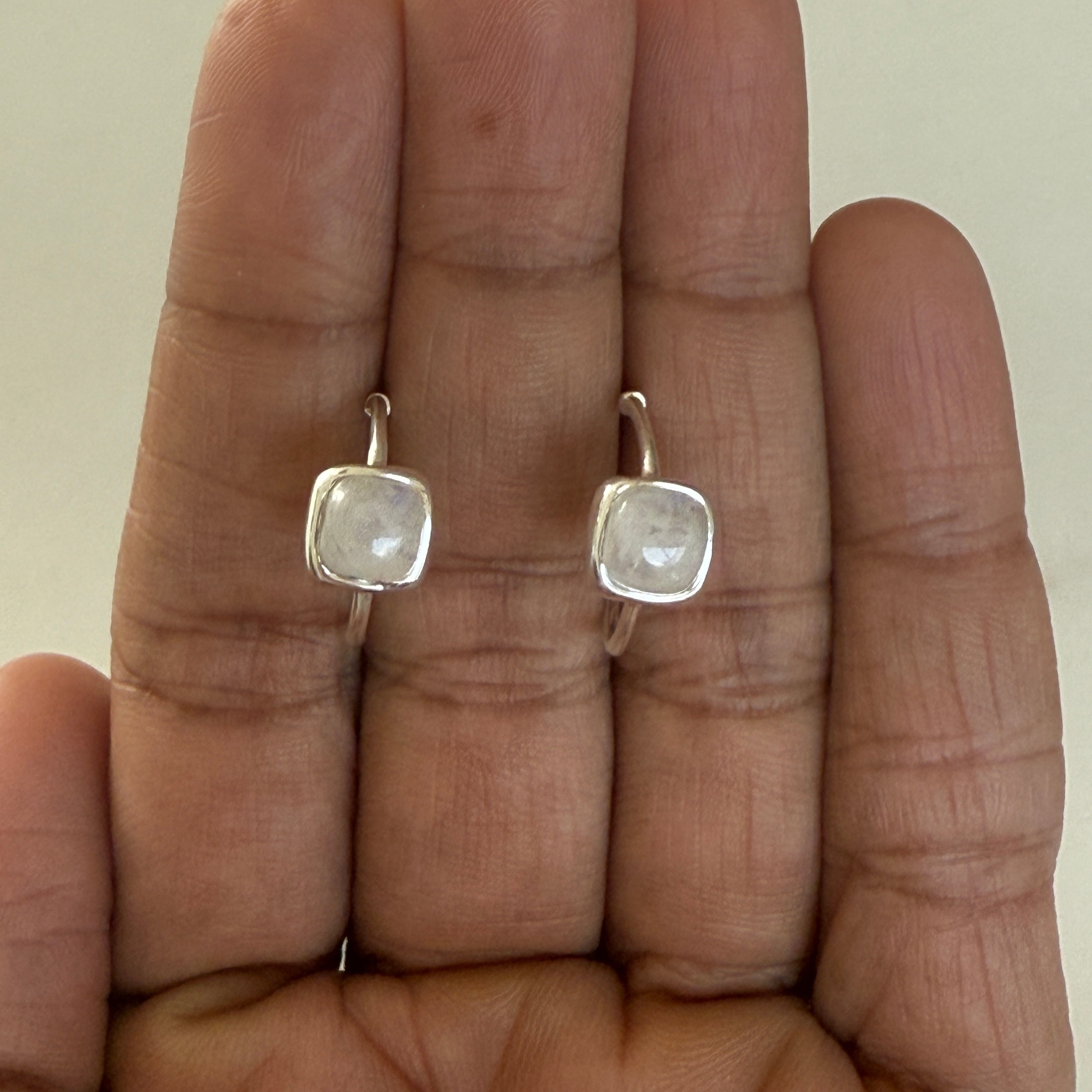 Minimal Sterling Silver Small Hoops with a Square Cabochon Gemstone - Moonstone