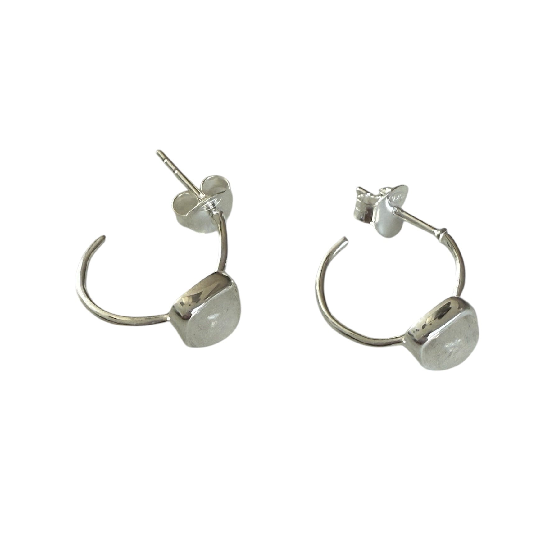 Minimal Sterling Silver Small Hoops with a Square Cabochon Gemstone - Moonstone
