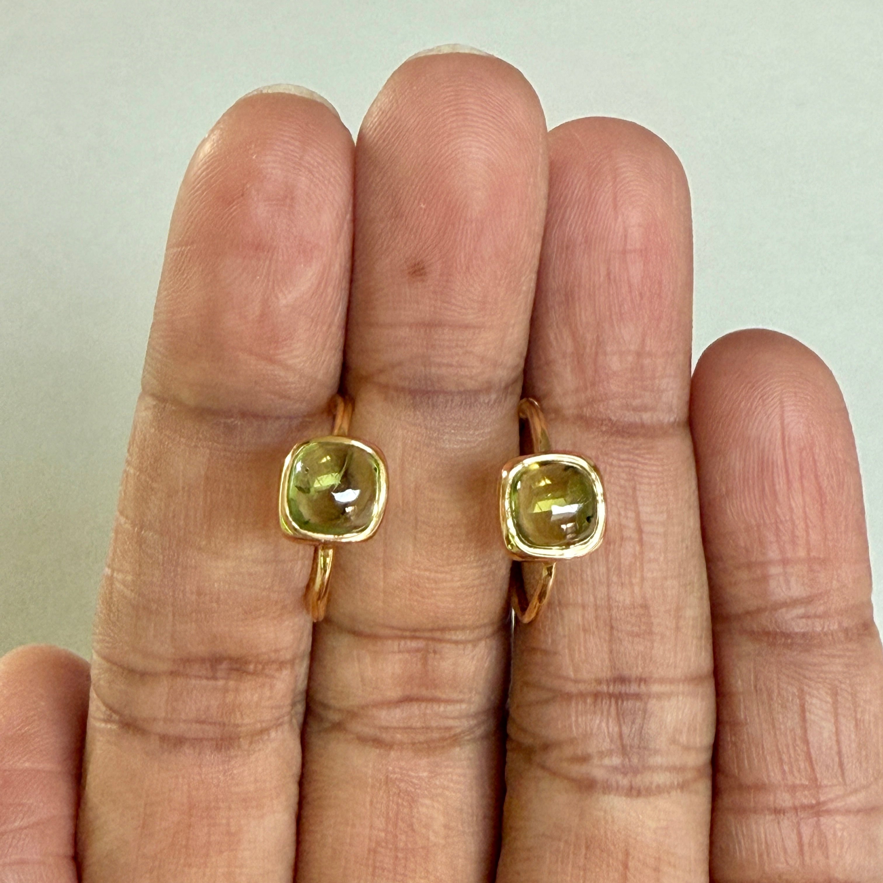 Minimal Gold Plated Sterling Silver Small Hoops with a Square Cabochon Gemstone - Peridot