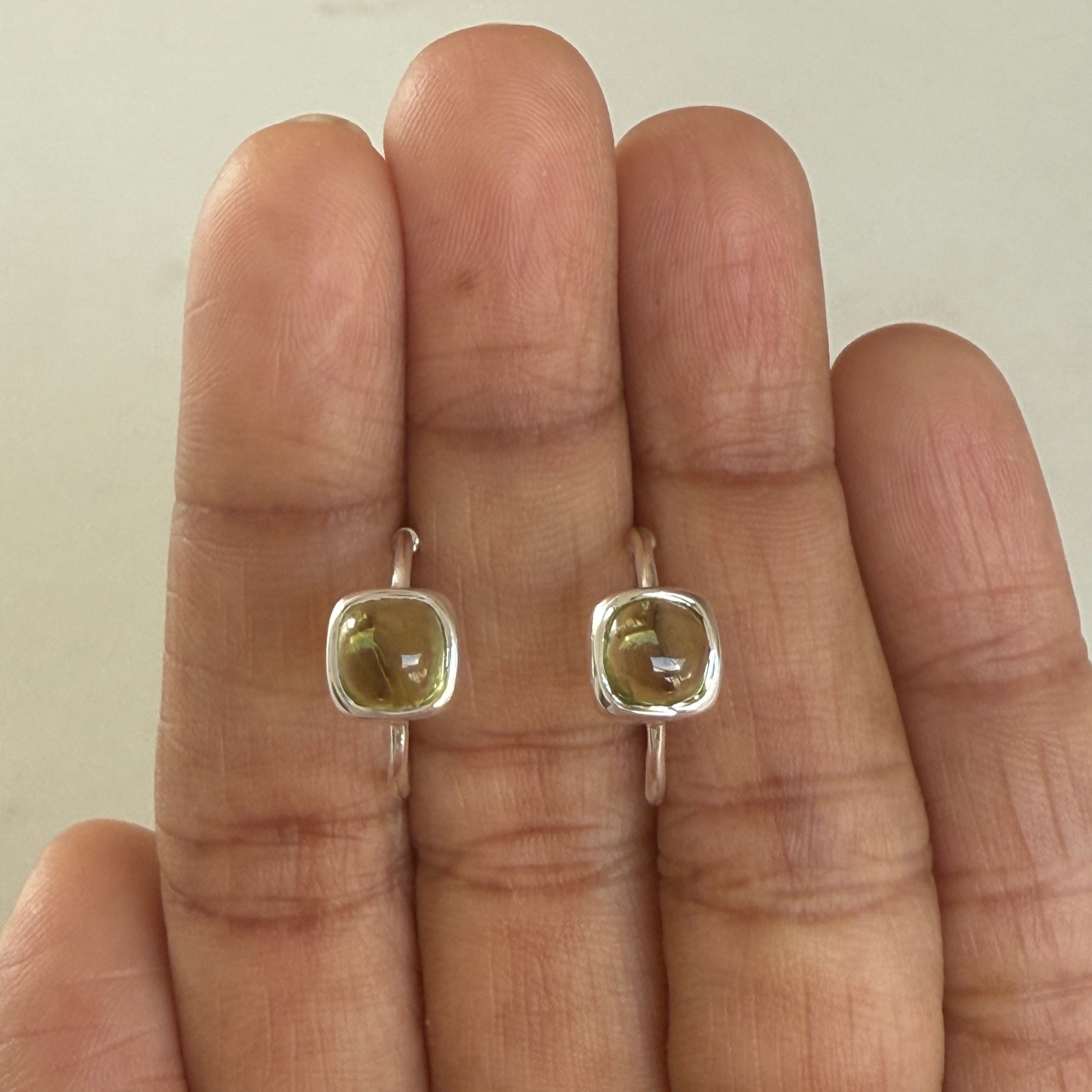 Minimal Sterling Silver Small Hoops with a Square Cabochon Gemstone - Peridot