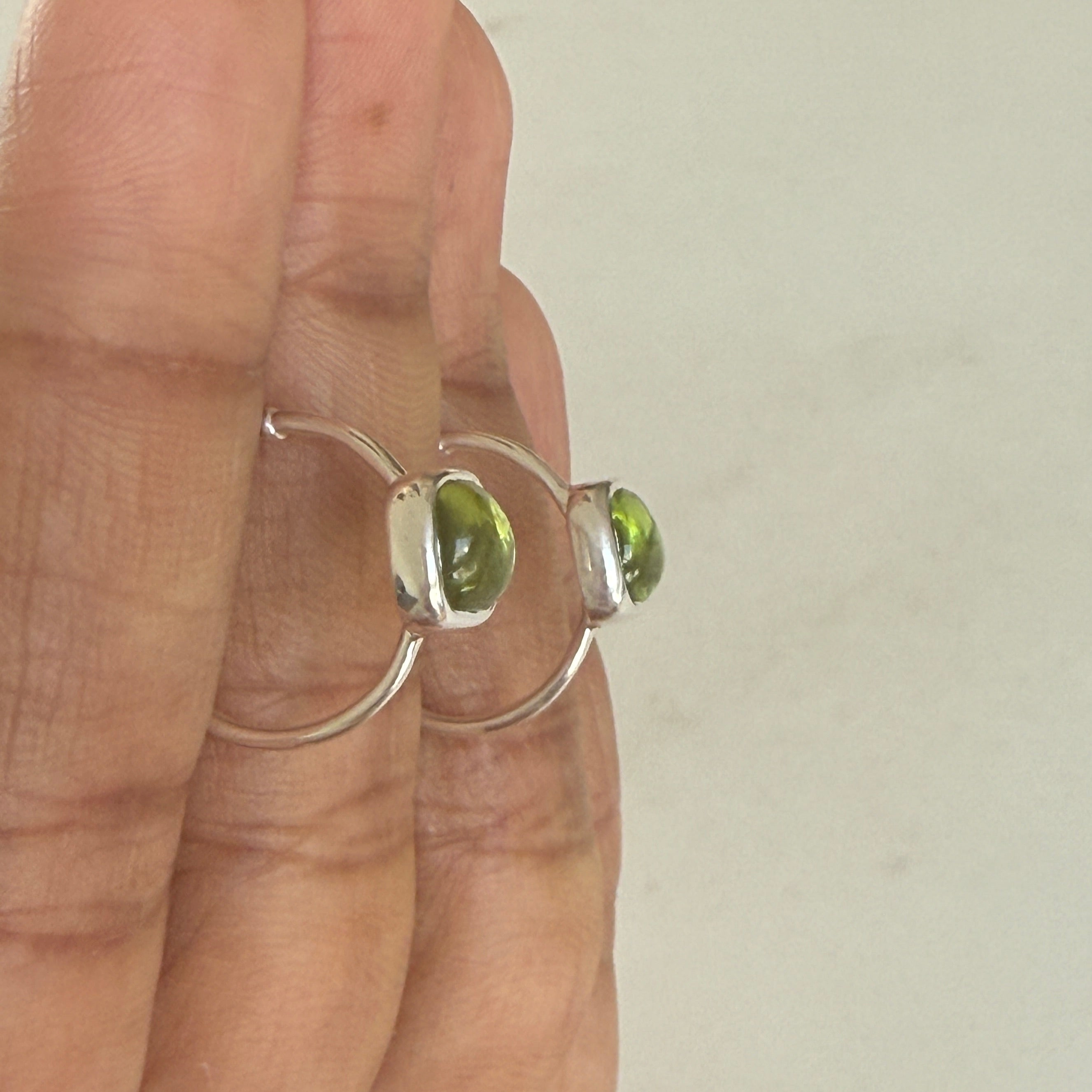 Minimal Sterling Silver Small Hoops with a Square Cabochon Gemstone - Peridot