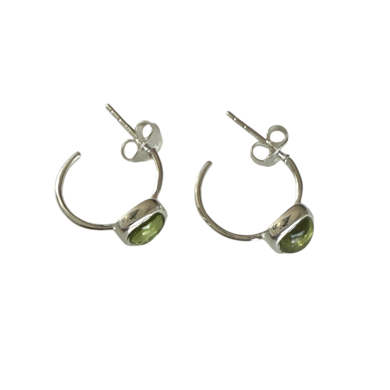 Minimal Sterling Silver Small Hoops with a Square Cabochon Gemstone - Peridot