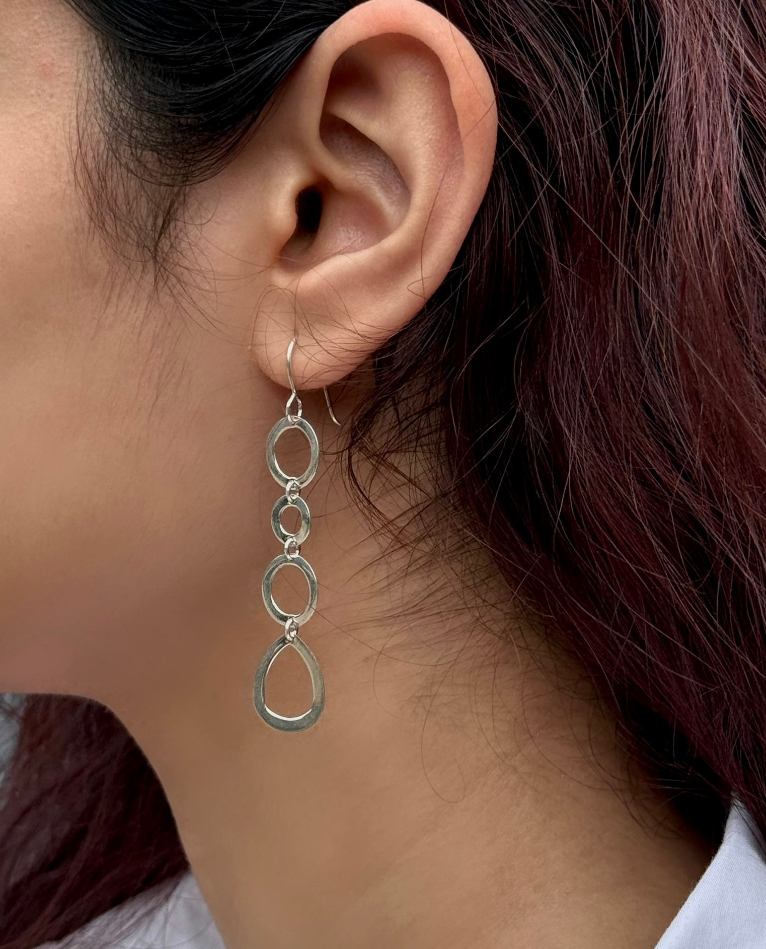 Sterling Silver Long Earrings with Round and Tear Drop Shaped Rings