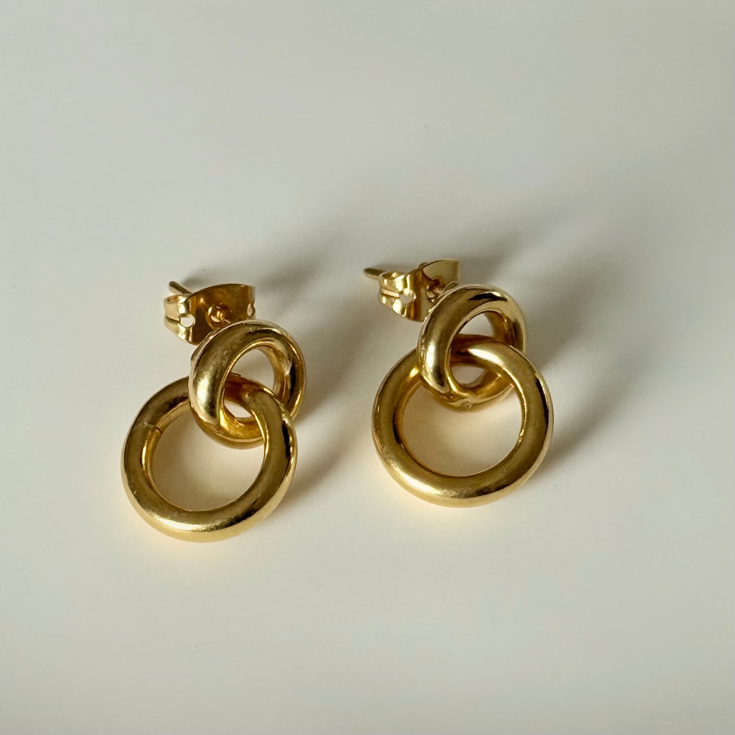 Two Small Interlinked Hoop 18k Gold Plated Sterling Silver Stud Earrings