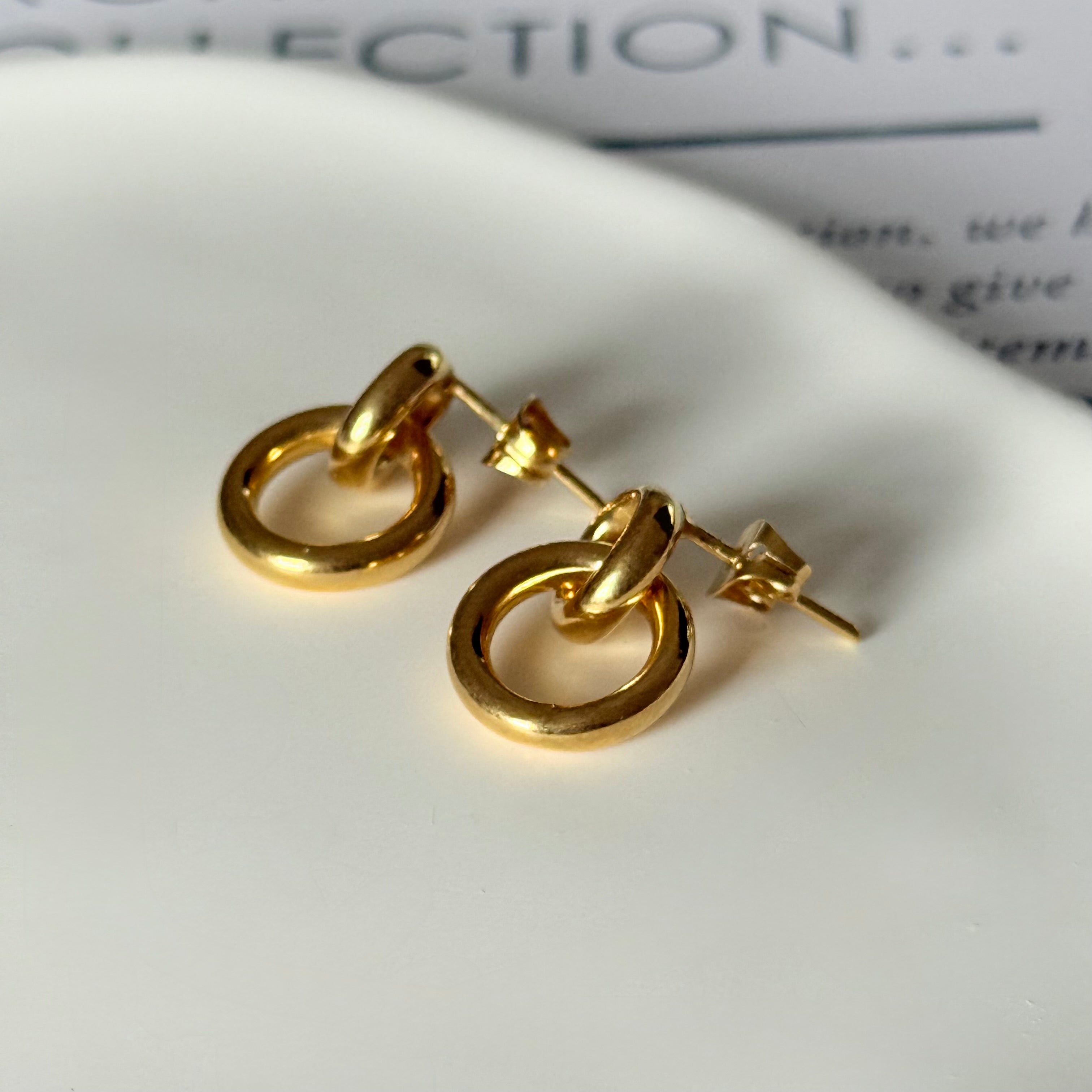 Two Small Interlinked Hoop 18k Gold Plated Sterling Silver Stud Earrings