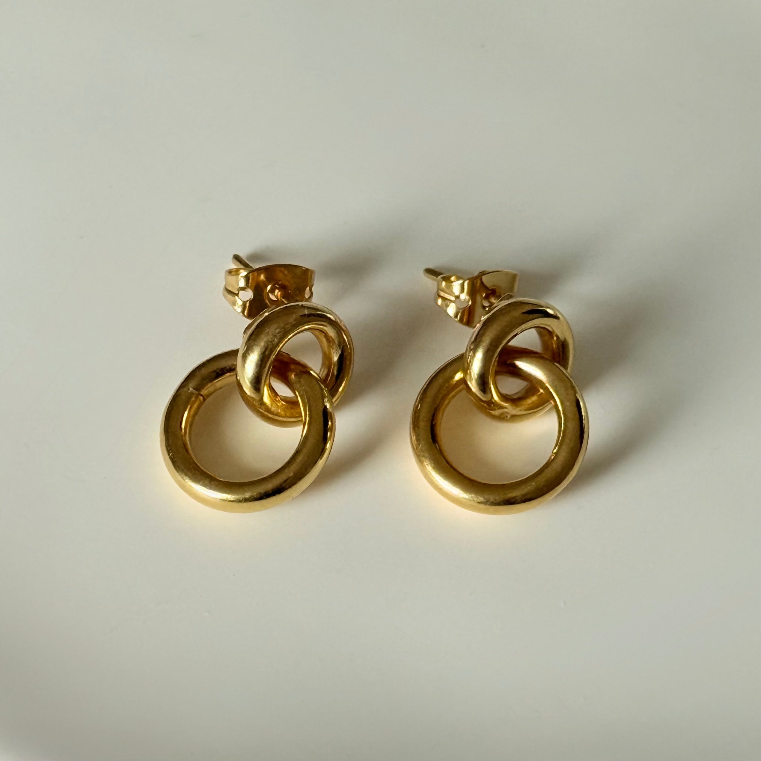 Two Small Interlinked Hoop 18k Gold Plated Sterling Silver Stud Earrings