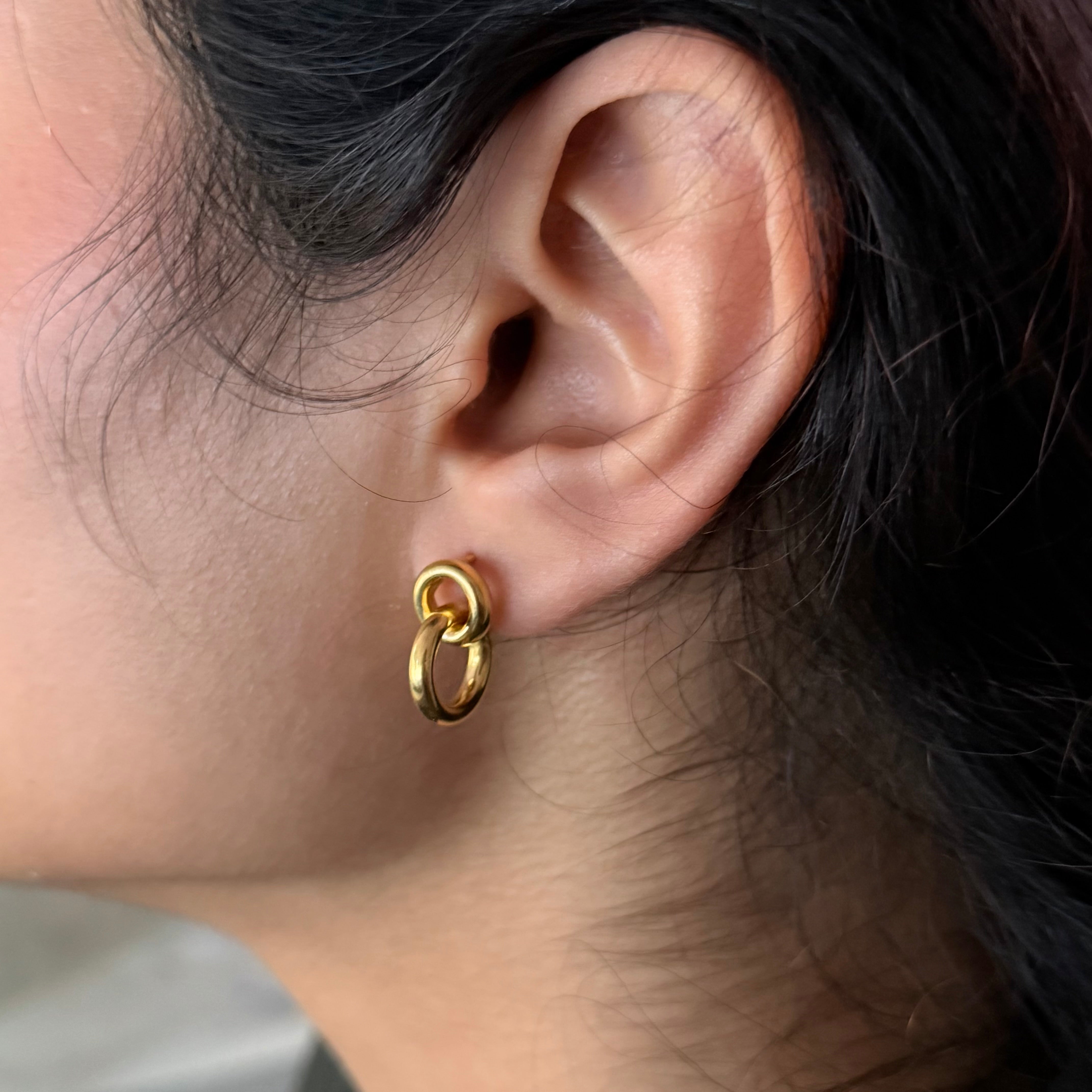 Two Small Interlinked Hoop 18k Gold Plated Sterling Silver Stud Earrings