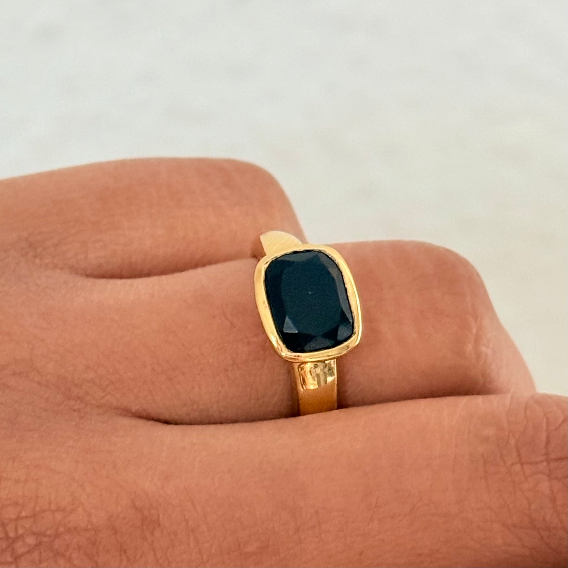 Faceted Rectangular Cut Natural Gemstone Gold Plated Sterling Silver Ring - Black Onyx