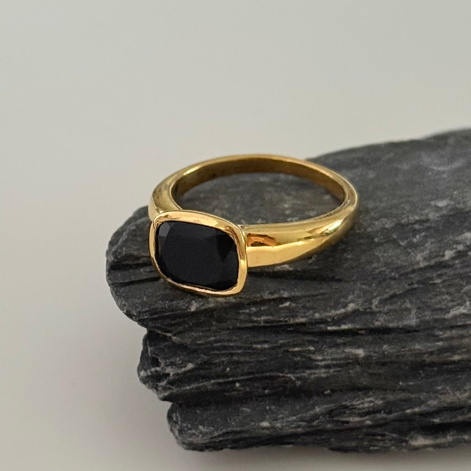 Faceted Rectangular Cut Natural Gemstone Gold Plated Sterling Silver Ring - Black Onyx