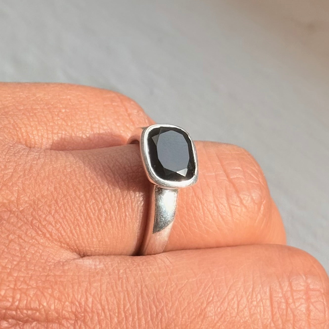 Faceted Rectangular Cut Natural Gemstone Sterling Silver Ring - Black Onyx