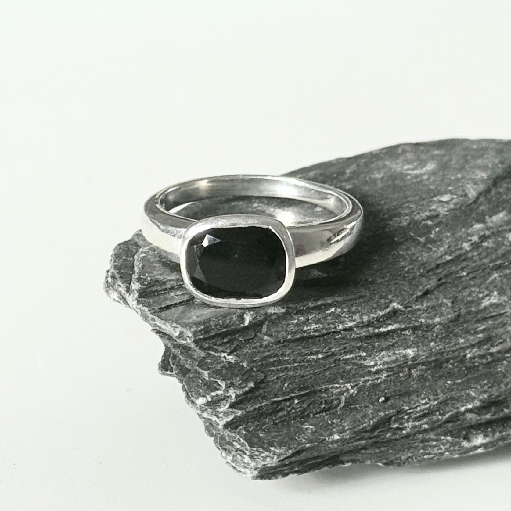 Faceted Rectangular Cut Natural Gemstone Sterling Silver Ring - Black Onyx